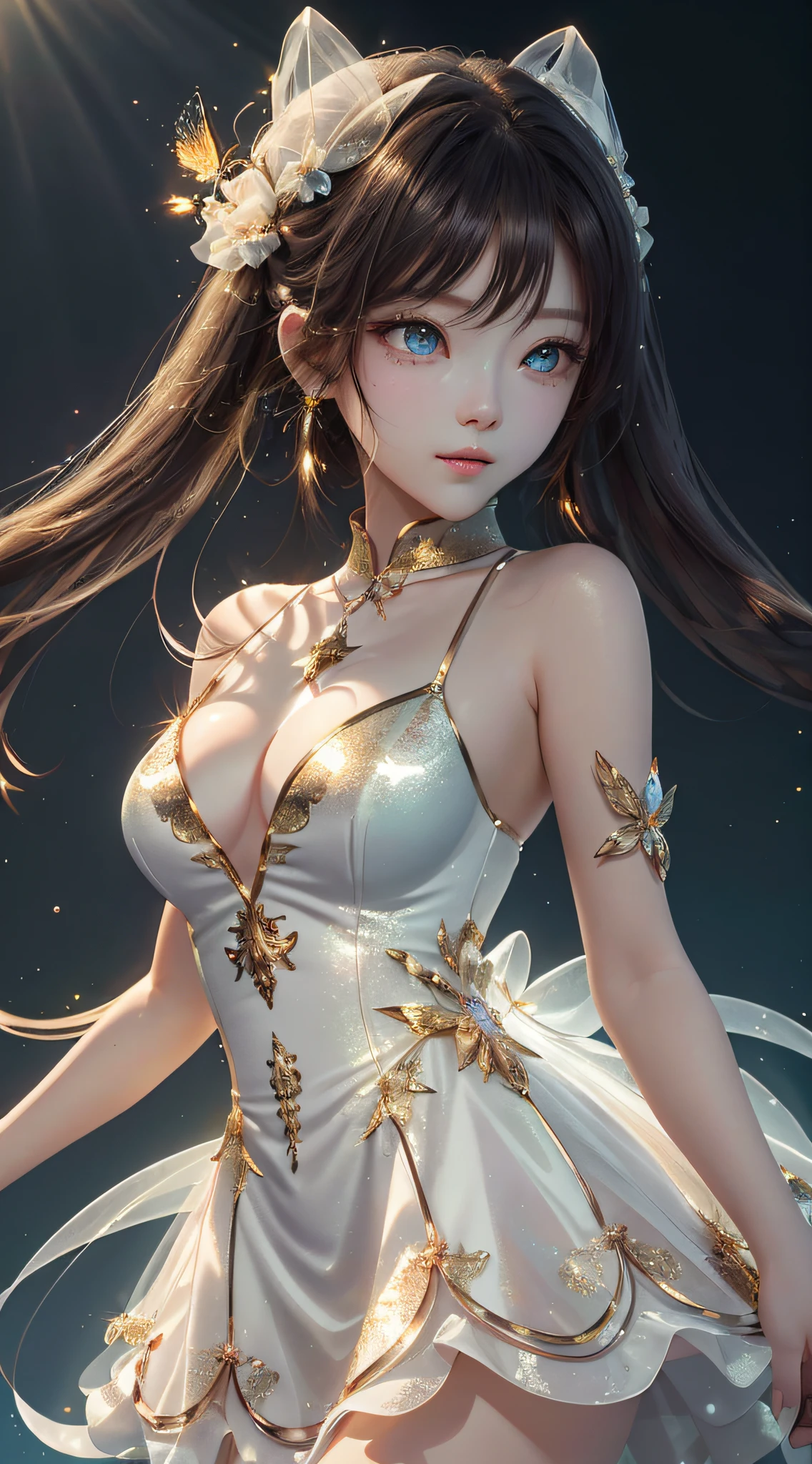 Best quality，tmasterpiece，A high resolution，
1girll， 详细的脸， （The upper part of the body：1.6）， gradient backgrounds，  Thick coating， rich details​， （white dresses：1.2）， （beaturiful body：1.4），