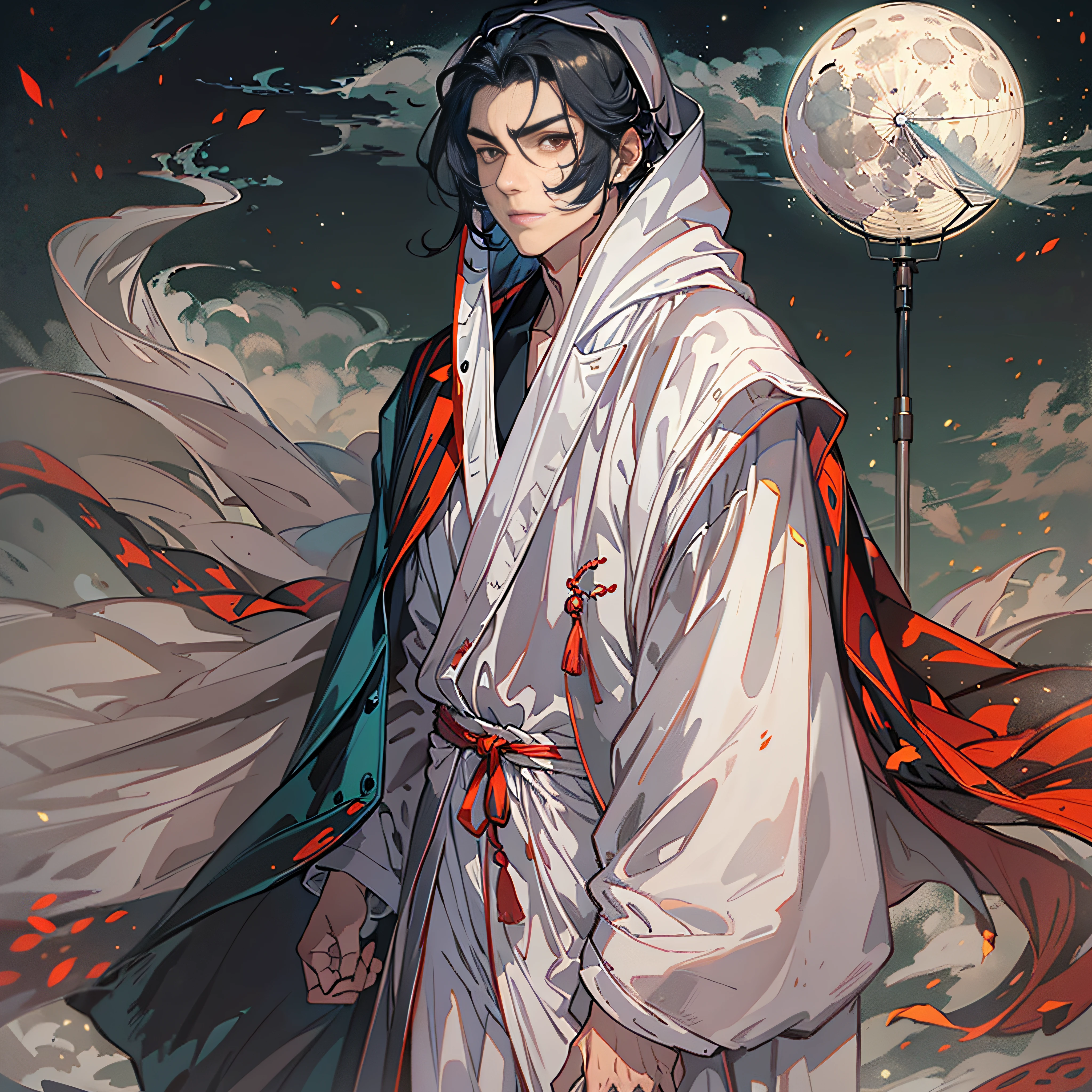 themoon， optic， fanciful，It was dark，storming，salama，The figure stands front-on，中景 the scene is，(A man in a white robe with a fan in his hand:1.3)，Can't see faces，Two red lights in his eyes，Magnificent，There is domineering between the eyebrows，Manhwa Style，