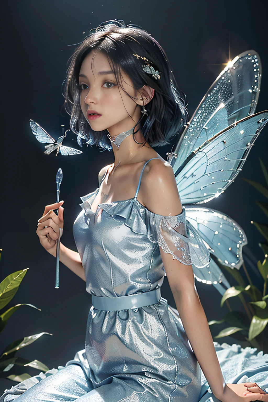 "((Masterpiece level,Best picture quality)), A high resolution,(Silver and blue clothes:1.2),Fairy air fluttering,Warm background,Fairy wings,(Scrub skin:1.2)"Black color hair,Fairy air fluttering,cropped shoulders,