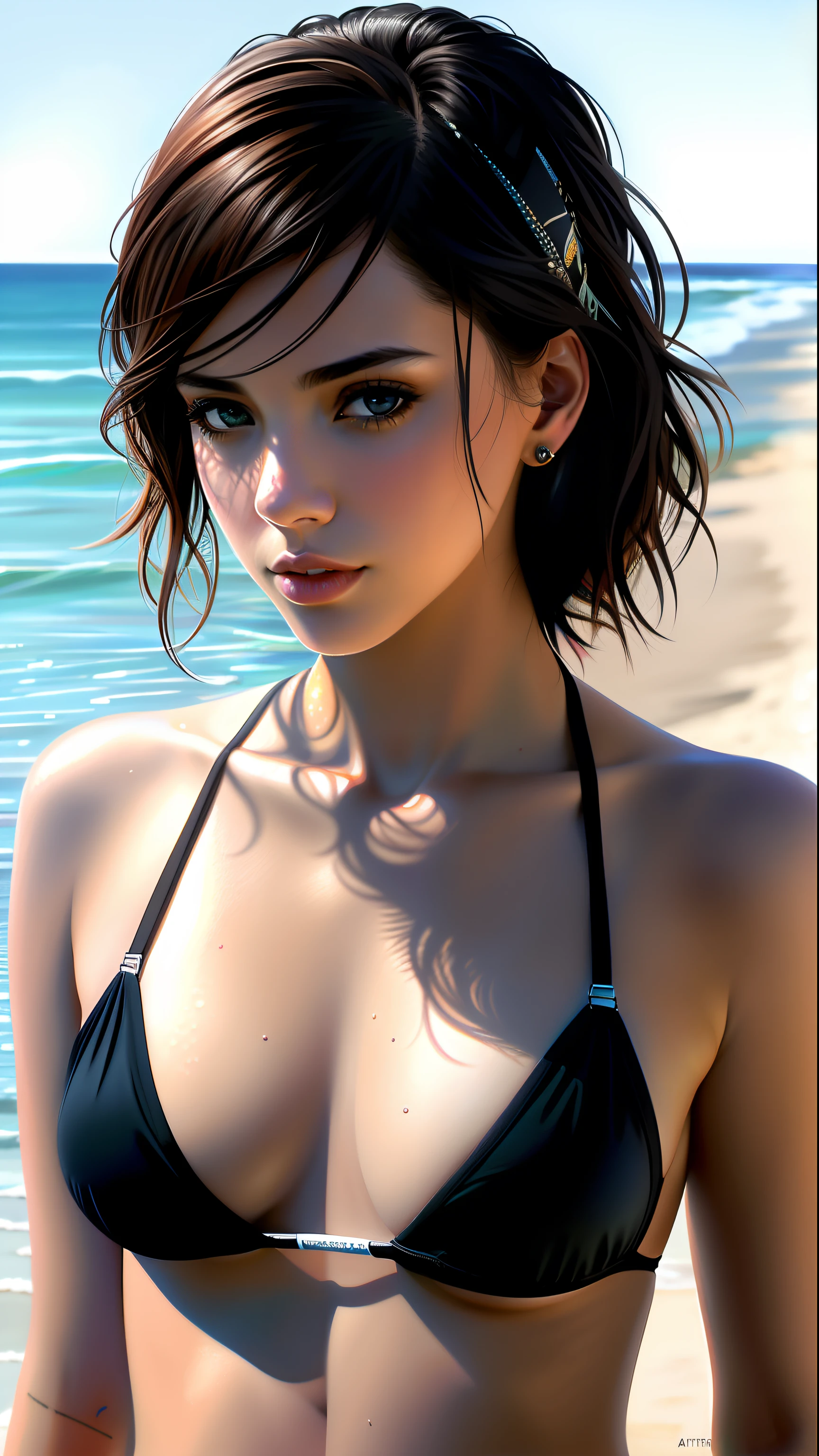 Photos of the most beautiful works of art in the world，Modern punk women，Wear a swimsuit and swim trunks，Leaning in a van on a California beach，On ArtStation、CGSociety、Intricate、High Detail、Sharp focus、dramatic、Photorealistic painting is popular in art