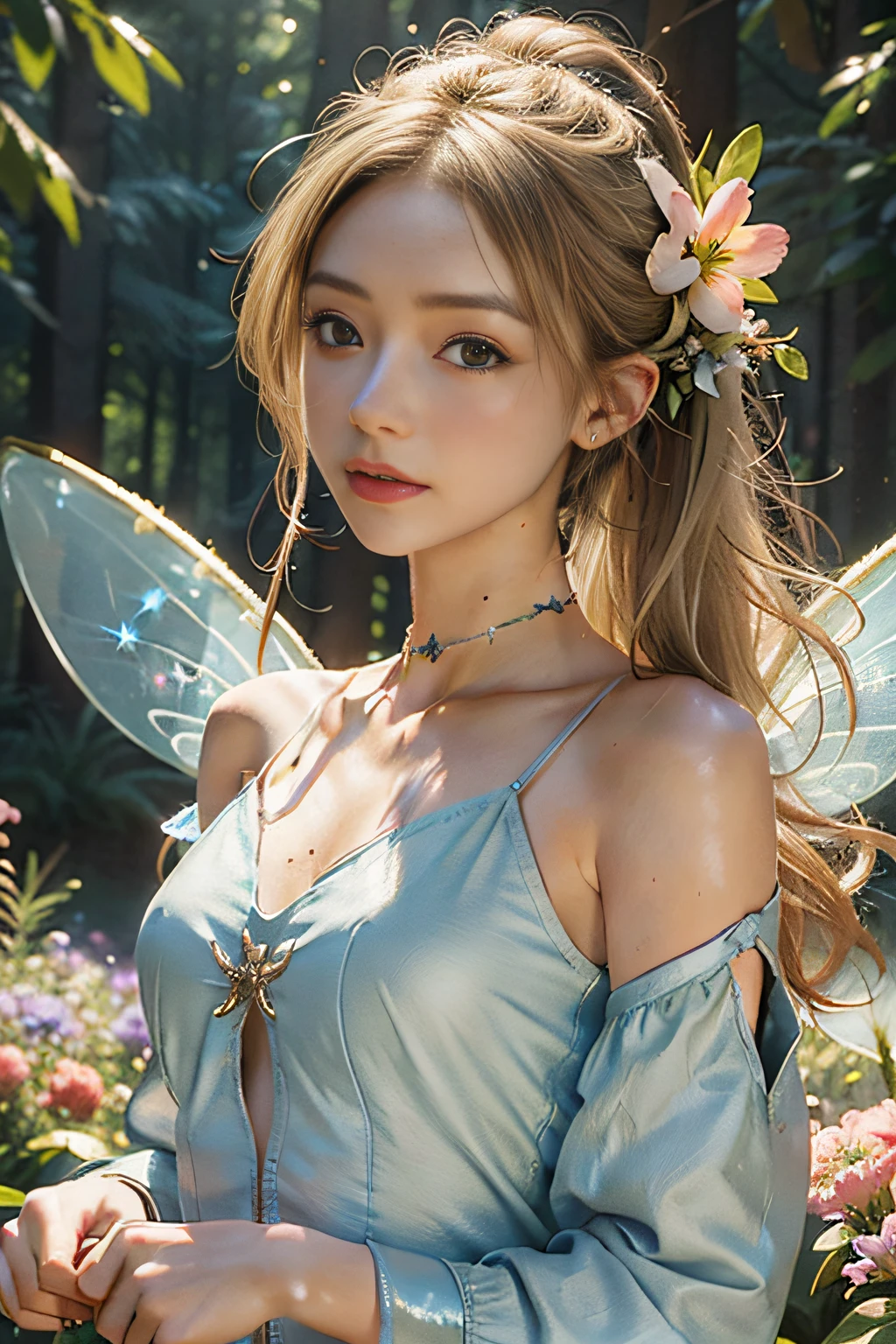 "((Masterpiece level,Best picture quality)), A high resolution,Fairy air fluttering,Warm background,the Flower Fairy,Fairy wings,(Scrub skin:1.2)"Blonde hair,cropped shoulders,