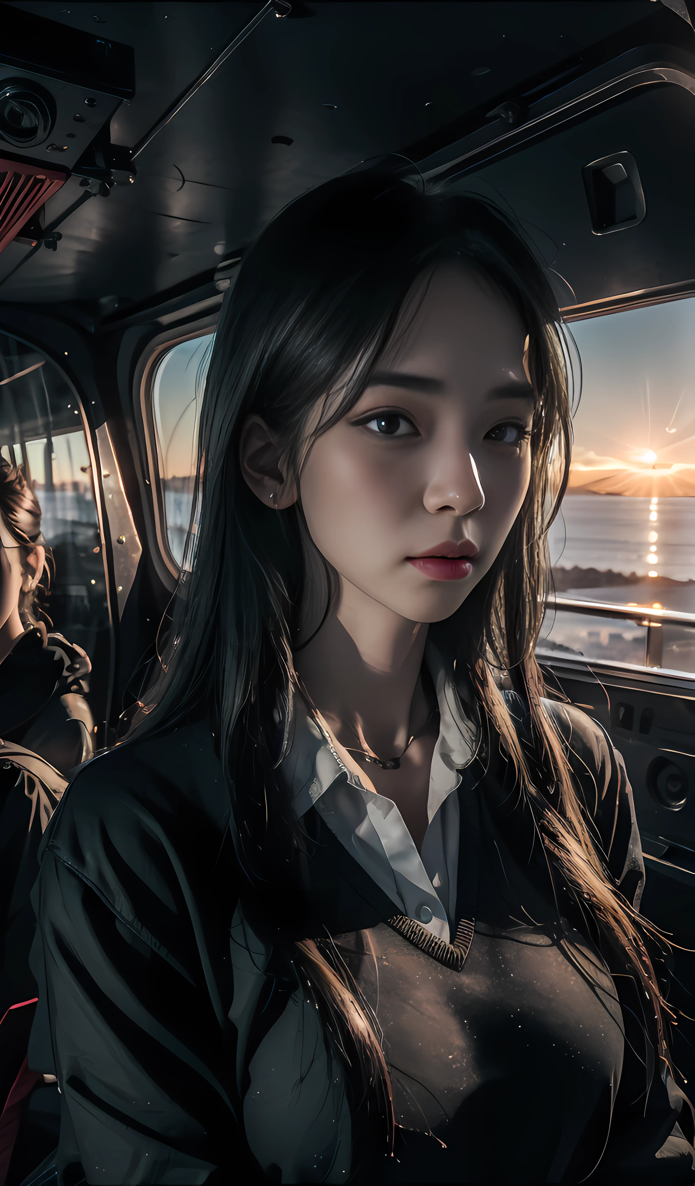 （8k，RAW photos，best qualtiy，tmasterpiece：1.2），（realisticlying，photograph realistic：1.37），1girll，profesional lighting，photon maping，Radio City，korean-doll，big assa，Inside the aircraft，