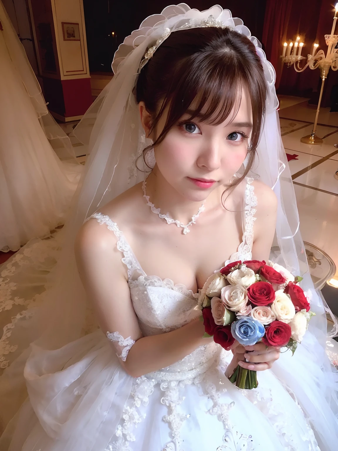 ((ultra-detailed)), 1girl, solo, looking at viewer, red eyes, gloves, (wedding dress:1.5), flat color, church, looking at viewer, holding bouquet, pale blue bouquet, cleavage, perfec face, detailed eyes, expressive eyes, eyeliner, glossy lips, light particles, smile, ((illustration)), (((best quality))), ((masterpiece)), From above
