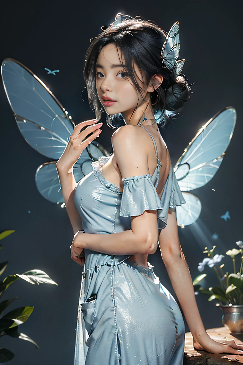 "((Masterpiece level，Best picture quality)), A high resolution，(Silver and blue clothes:1.2)，Fairy air fluttering，Warm background，Fairy wings，(Scrub skin:1.2)"Black color hair，Fairy air fluttering，cropped shoulders，