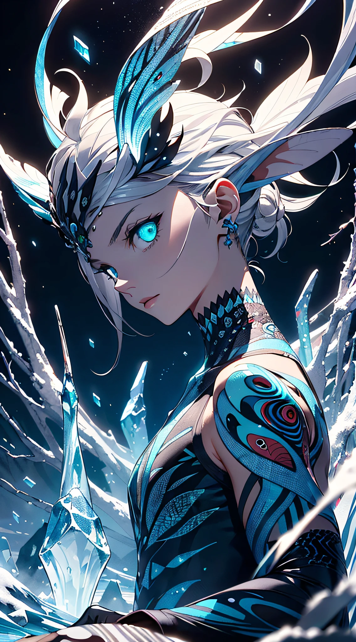 absurd, high resolution, super detailed, official art, unified 8k wallpaper, super detailed, beautiful and aesthetic, masterpiece, best quality, (zentangle, ice, tangles, entanglement), (fractal art: 1.3), realistic, (masterpiece, top quality, best quality, official art, beauty and aesthetics: 1.2), very detailed, fractal art, colorful, most detailed, zentangle, (abstract background: 1.5) (1boy: 1.3), gods, (glowing blue eyes), mysterious, (magic), (sitting on top of the giant Lycoris radiata), ice and snow