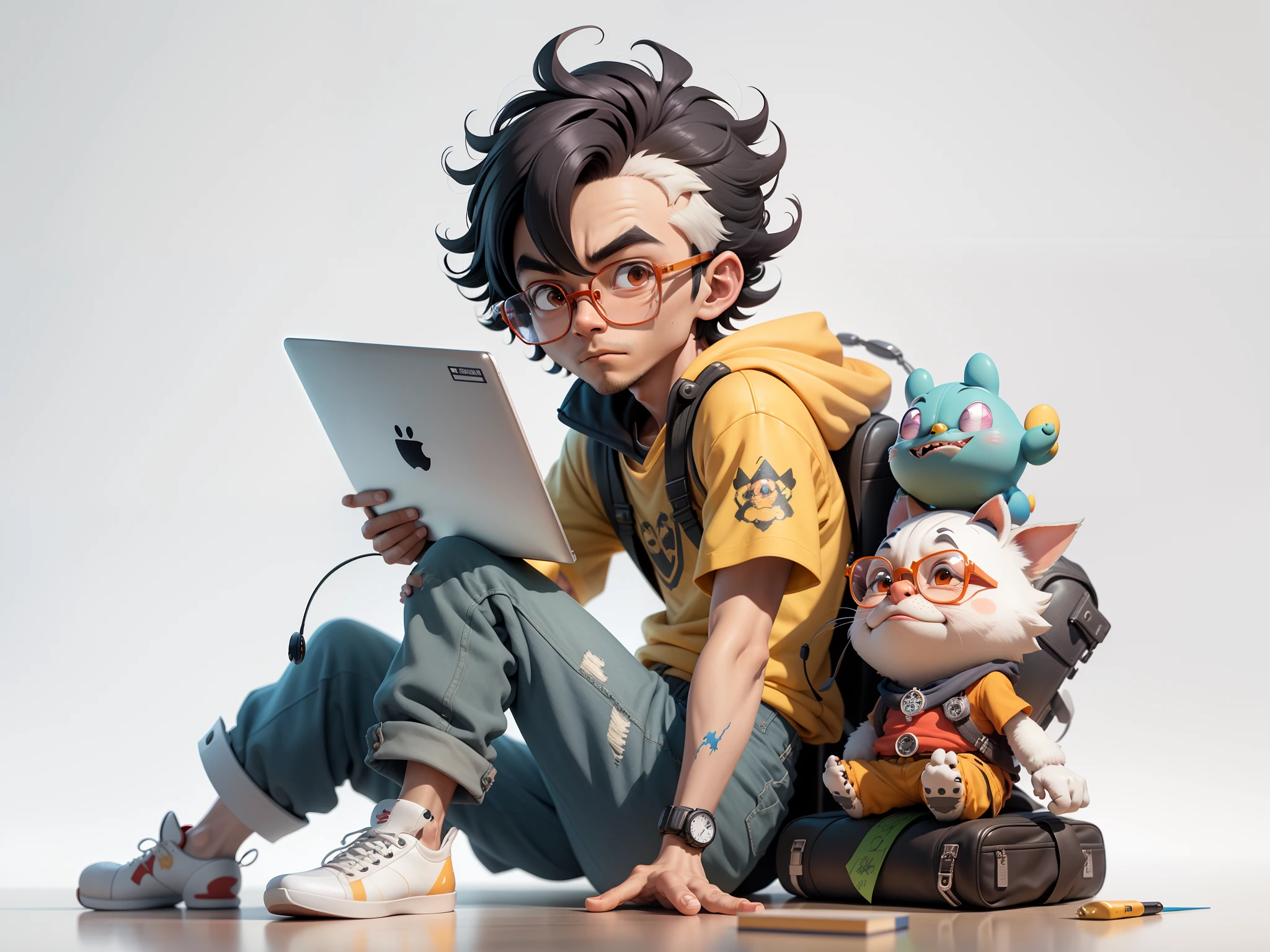 A young man with glasses sits at his desk,holding laptop,digitial painting,3D character design by Mark Clairen and Pixar and Hayao Miyazaki and Akira Toriyama,4K HD illustration,Very detailed facial features and cartoon-style visuals。