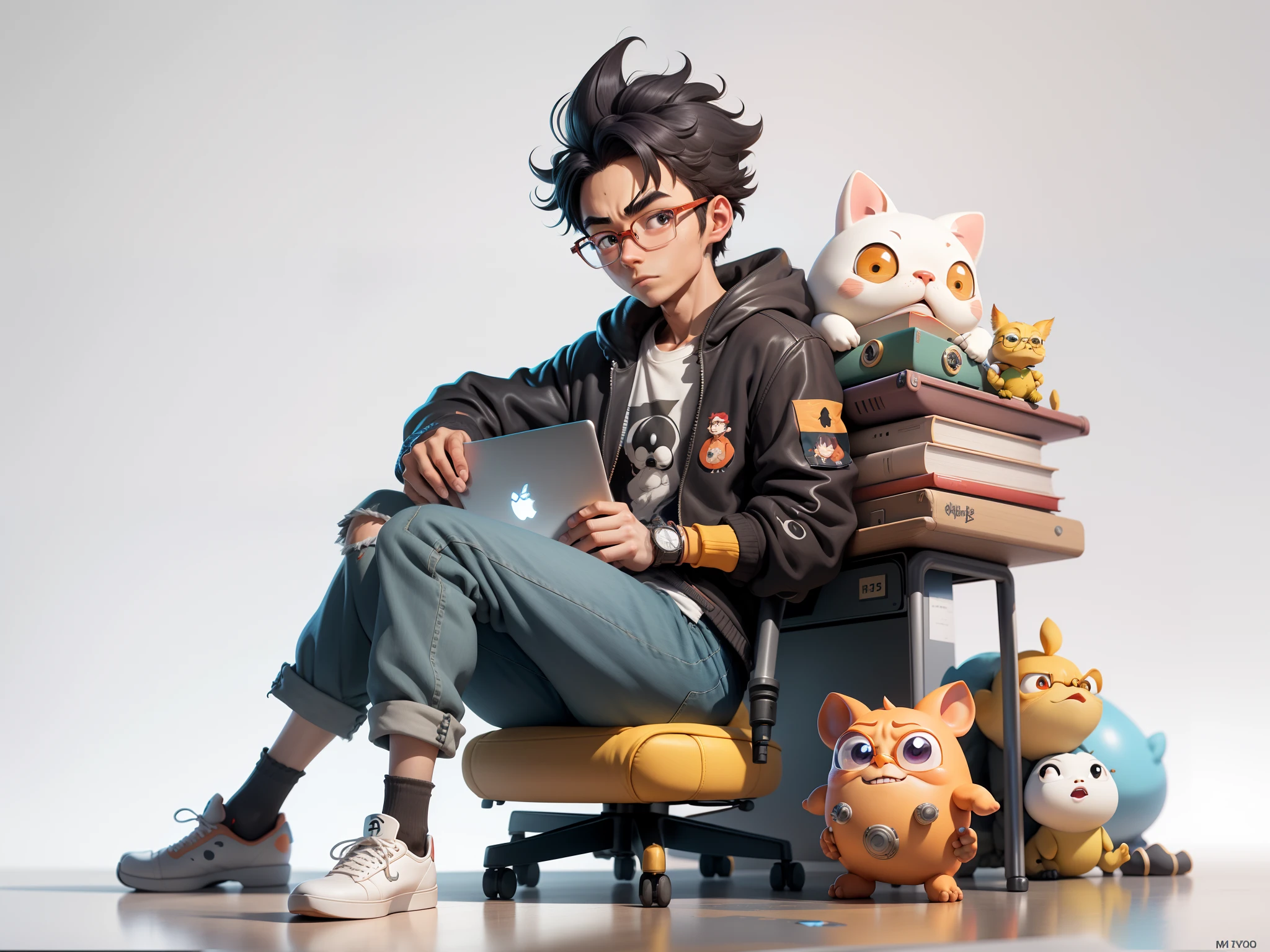 A young man with glasses sits at his desk，holding laptop，digitial painting，3D character design by Mark Clairen and Pixar and Hayao Miyazaki and Akira Toriyama，4K HD illustration，Very detailed facial features and cartoon-style visuals。