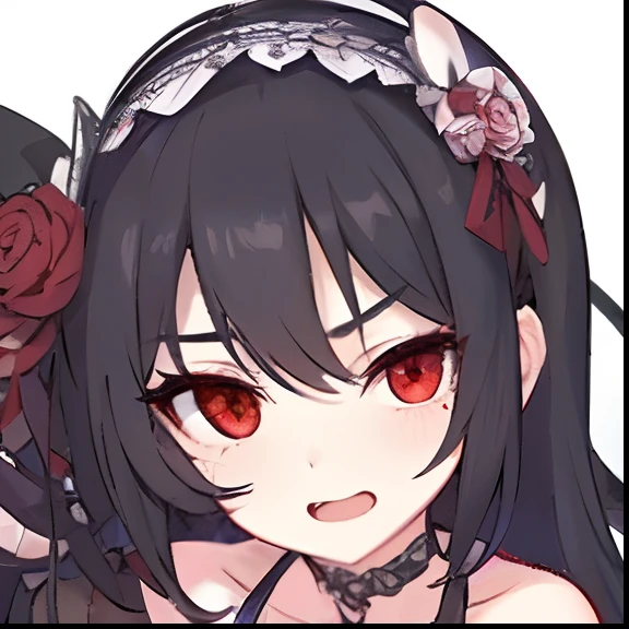 Anime girl with red eyes and black hair,There is a rose in the hair, portrait gapmoe yandere grimdark, noire, shalltear bloodfallen, anime moe art style, grim facial expression, mika kurai demon, Guviz, Ayaka Genshin impact, gapmoe yandere grimdark, ahegao face, gothic maiden anime girl