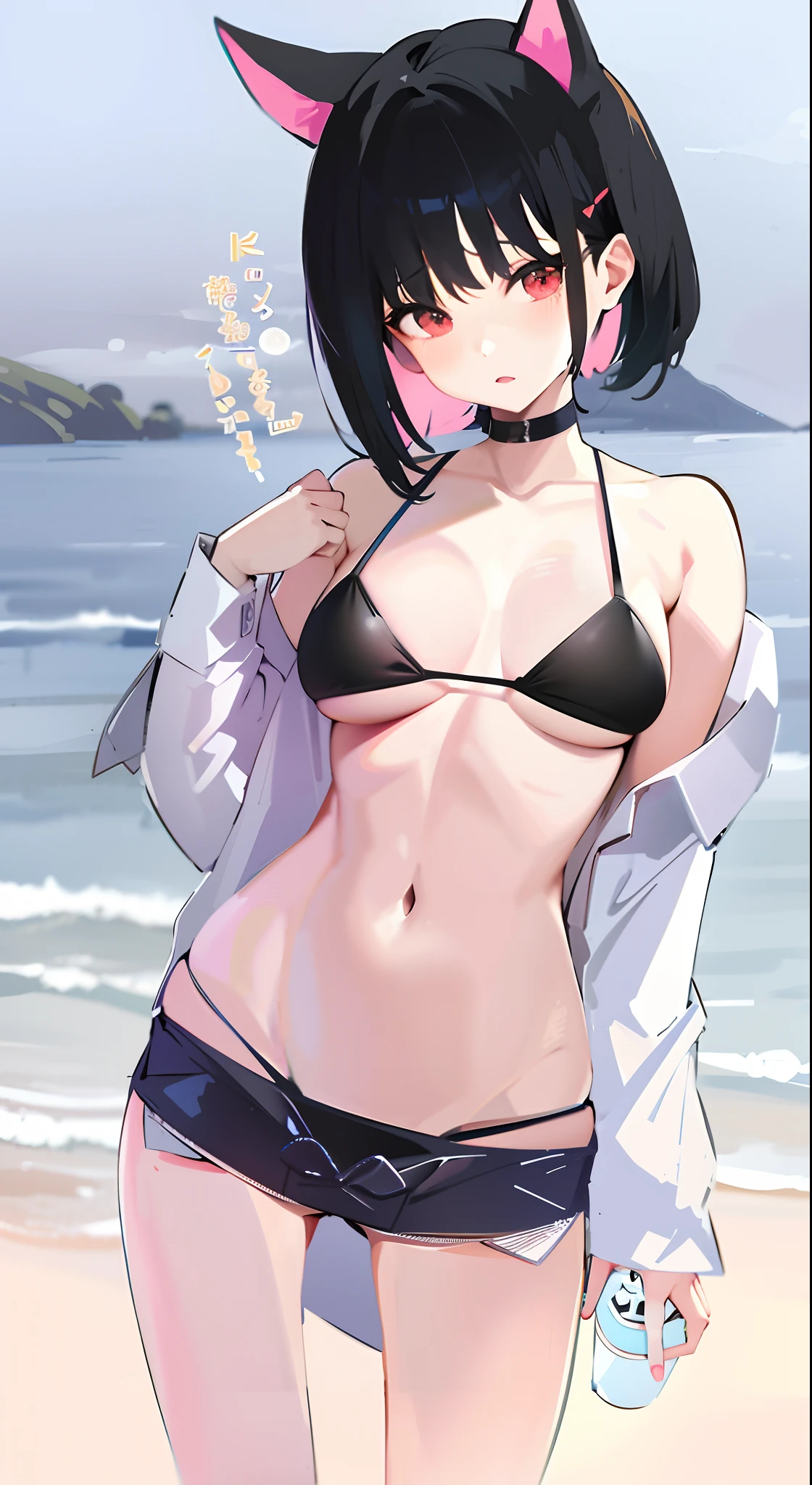 anime girl in a bikini with cat ears on the beach, in beach, in the beach, on  the  beach, in a bathing suit, nico robin, in a bikini, seductive anime girls, swimsuit, kotegawa yui, Attire: Bikini, realistic bikini, On a beach, in a bikini, 2b, 2 b, Have by the sea