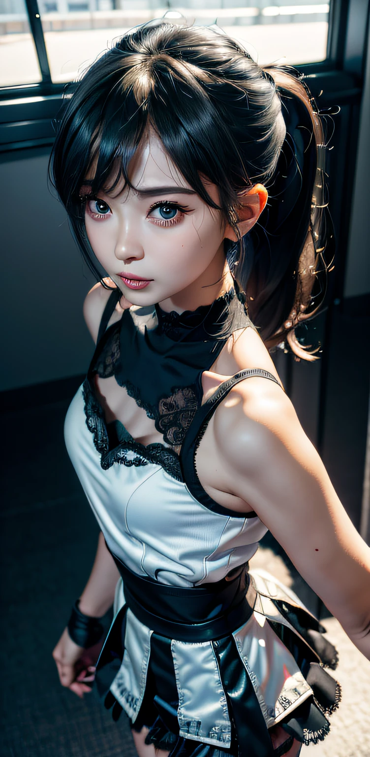 tmasterpiece,full-body portraits, 1 beutiful girl, A detailed, Swollen eyes, top Quority, 超A high resolution, (Realistis: 1.4), RAW photogr, 1girll, cinmatic lighting, ssmile, jpn, a asian beauty, korean people, Ren, Super beautiful, Small young face, Beautiful skins, Slim, cyberpunk backgrouns, (Ultra photo realsisim), (A high resolution), (8K), (The is very detailed), (Most Best Illustration), (eyes in beautiful detail), (ultra-detailliert), (the wallpaper), (A detailed的脸), audience looking, finely detailled, A detailed face,pureerosfaceace_V1,ssmile,46 points oblique bangs,Staring straight ahead,Neat lace dress,Dark eyes,The clothes are sleeveless,body facing the front,
