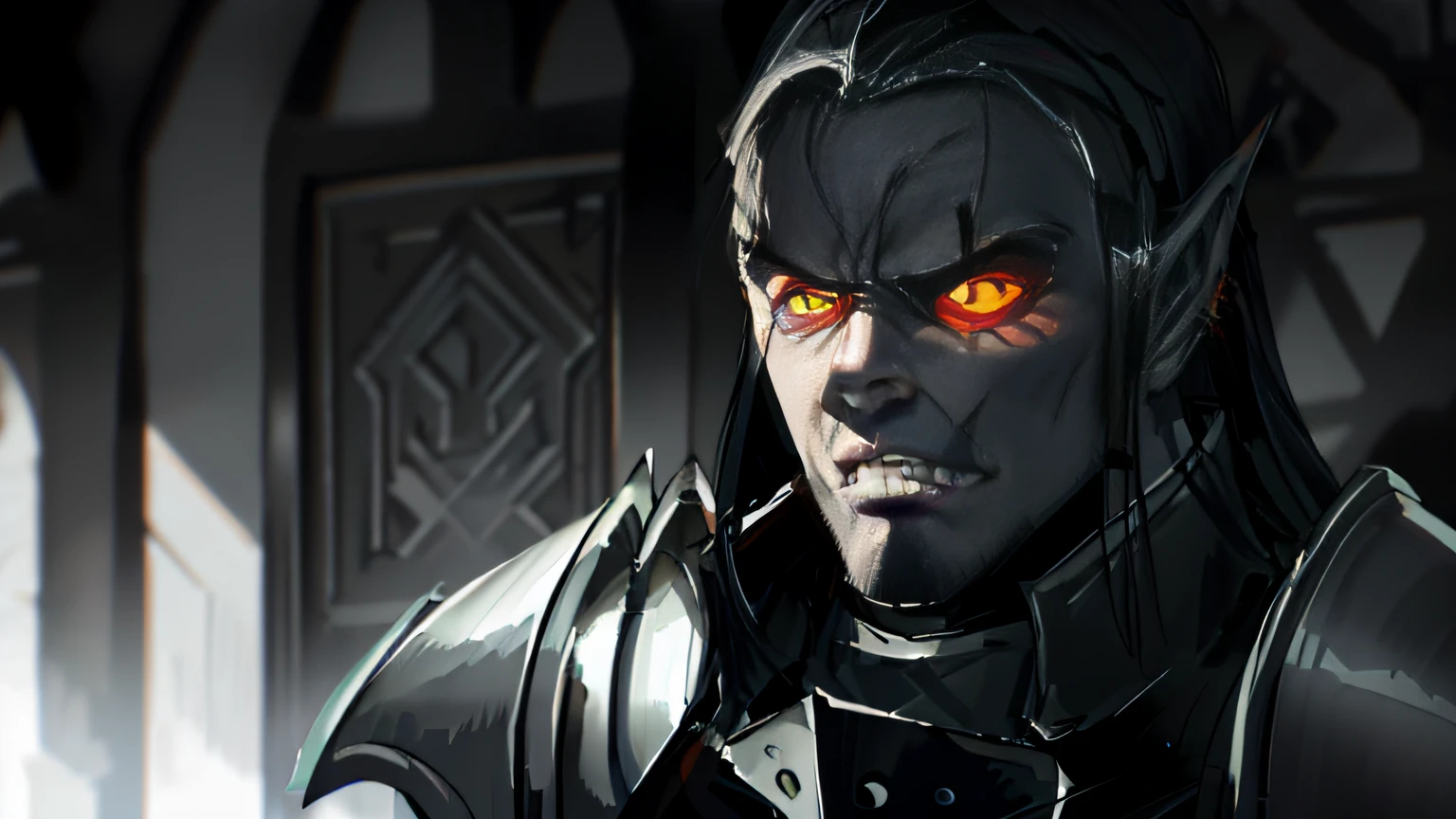 Orcs in black armor,White fangs,Black eyes,Black color hair,Glaring ahead,Anger flashed in his eyes,