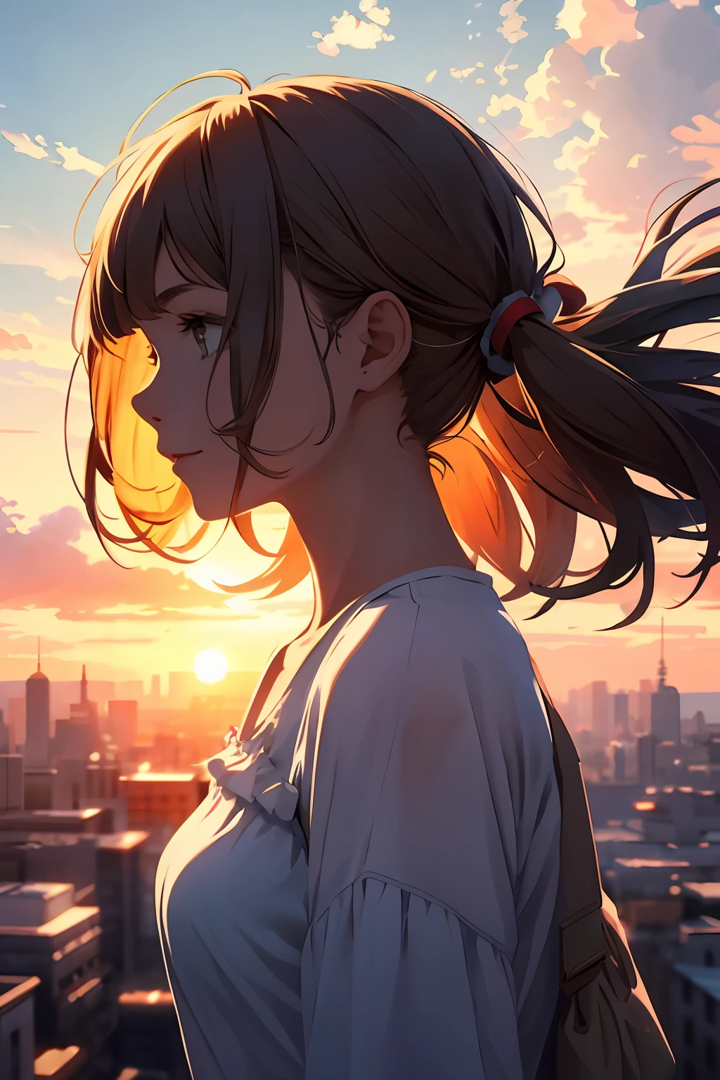 masterpiece, best quality, movie still, 1girl, cloud girl, floating in the sky, close-up, bright, happy, warm soft lighting, sunset, (sparks:0.7)