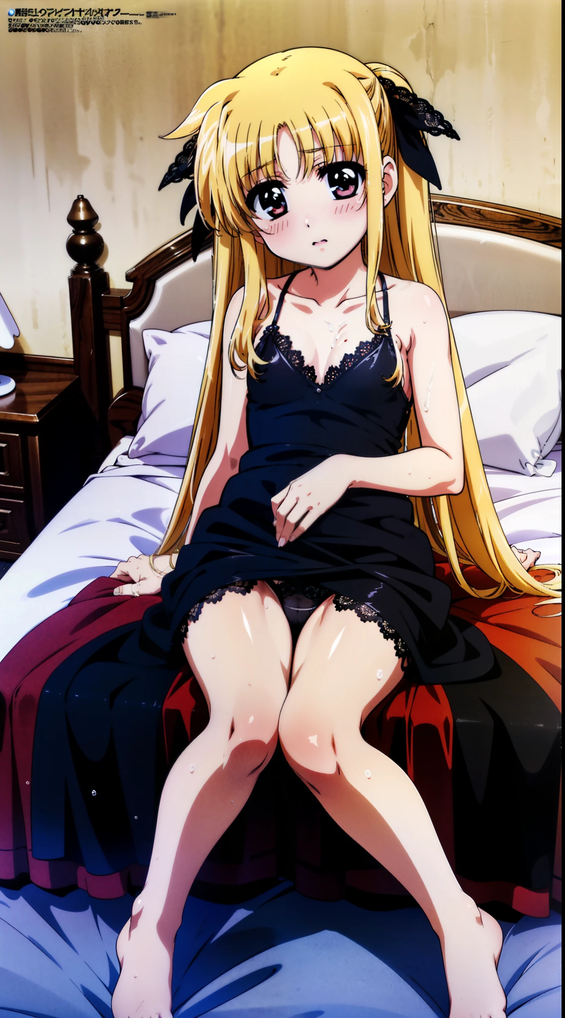 (((megami magazine))),(masterpiece)), ((top-quality)), (The ultra-detailliert), ((kawaii)), cute little, (Wonderful), ((ighly detailed)), 4K、 (8K), top-quality, (Beautiful fece),(((World-class quality))),(((blonde hair)))、 ighly detailed, hight resolution,、(((1人の女性)))、(((20yr old)))、(((Adult look))),((composition seen from below))、(((Looking down here))).Embarrassed expression、((rounded body))、((Plump)).(((On the red bed)))、((Detailed crotch)).((large udder))、((detailed thigh))、((perspiring))、((Drooping liquid))、(((Breast milk out of the))),(((open one's legs))).(((lying back on)))、Emphasis on the crotch、(((Crotch bite)))、(((White liquid between the breasts)))、(((White lace dress)))、(((Black lace panties)))、((Putting out the chest))、(((Pretty small eyes))),((inside in room))、(((raise her legs)))