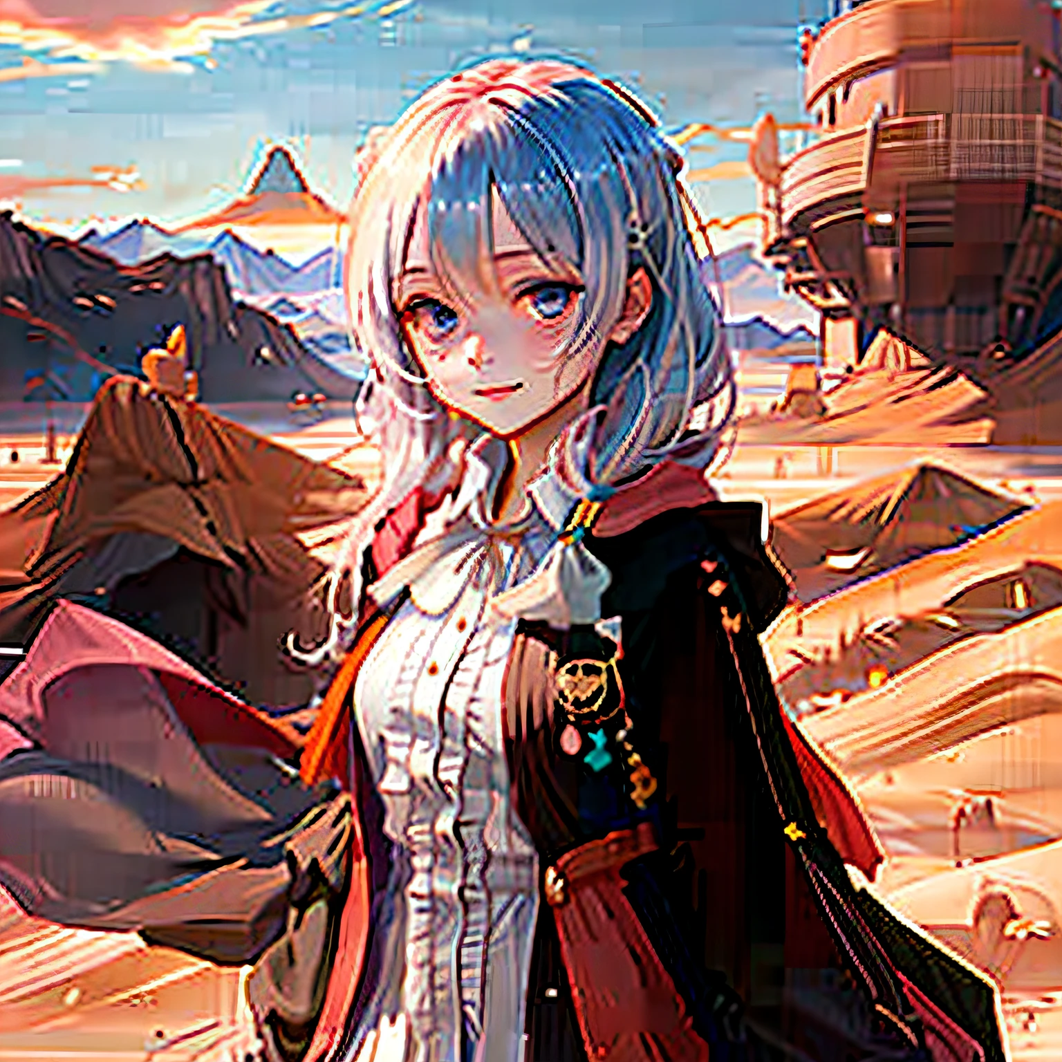 Woman standing on a wooden bridge,Arms dangled, standing in desert, Standing in the desert, standing in desert, at the desert, standing next to desert oasis, In the middle of the desert, Stand with your back to us, stands in center with open arms, crossing the desert, in a desert, Stand triumphantly,Stand proudly, walking in a desert,With a smile,very confident,mirage,high qulity,tmasterpiece,celebrating,black color hair,the detail,Back,Sideslit,Pink top,White dress
