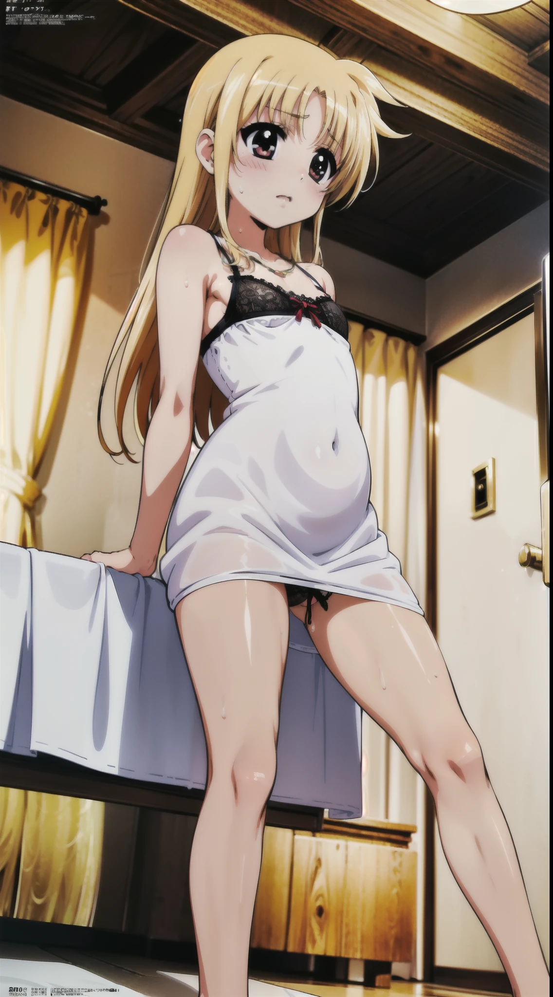 (((megami magazine))),(masterpiece)), ((top-quality)), (The ultra-detailliert), ((kawaii)), cute little, (Wonderful), ((ighly detailed)), 4K、 (8K), top-quality, (Beautiful fece),(((World-class quality))),(((blonde hair)))、 ighly detailed, hight resolution,、(((1人の女性)))、(((20yr old)))、(((Adult look))),((composition seen from below))、(((Looking down here))).Embarrassed expression、((rounded body))、((Plump)).(((On the red bed)))、((Detailed crotch)).((large udder))、((detailed thigh))、((perspiring))、((Drooping liquid))、(((Breast milk out of the))),(((open one's legs))).(((lying back on)))、Emphasis on the crotch、(((Crotch bite)))、(((White liquid between the breasts)))、(((White lace dress)))、(((Black lace panties)))、((Putting out the chest))、(((Pretty small eyes))),((inside in room))、(((raise her legs)))