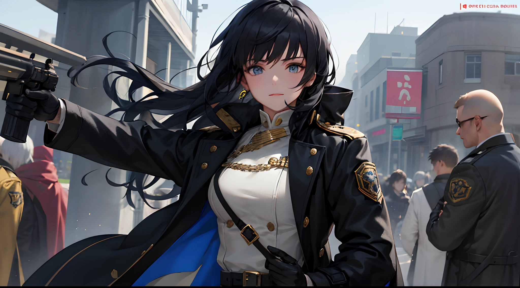with black curled hair,eBlue eyes,male people,anime big breast,plethora of colors,highly accurate,the detail,a black trench coat,detective,male people,Partial bangs,Briton,a black trench coat,