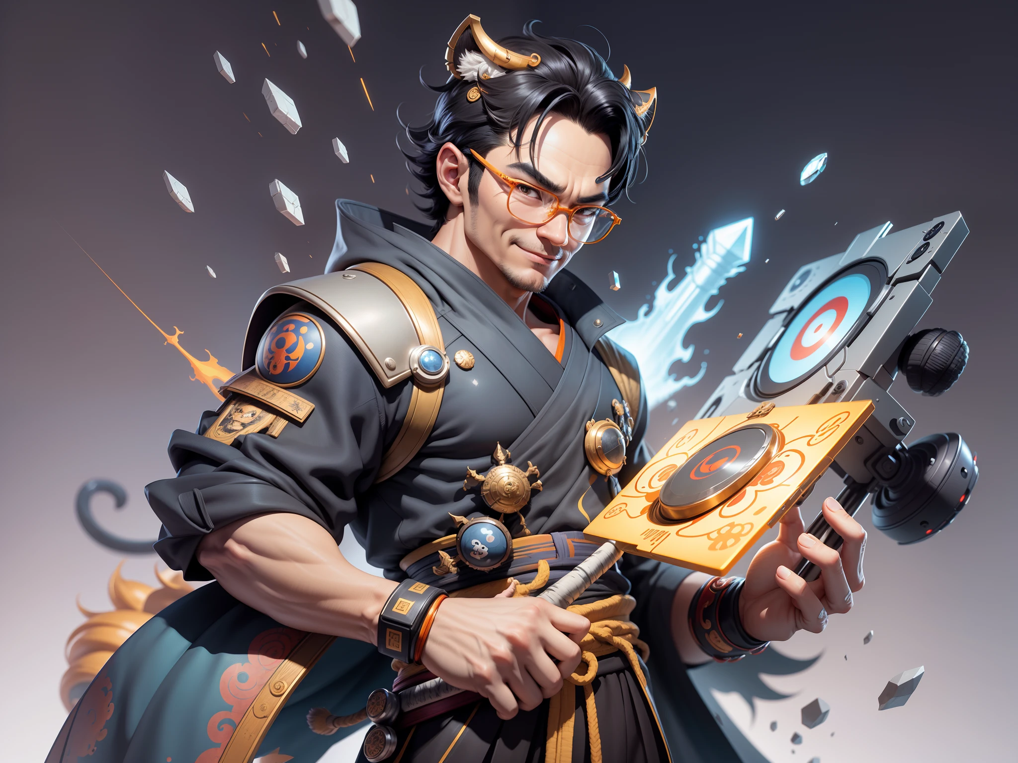 (Masterpiece), (Excellent), (Super Meticulous), (Full Body: 1.2), Super Young Man with Japanese Female Geisha, Pretty, Beautiful, Chinese Dragon, Tiger, Wind God Thor, Sexy, Bursting, Oriental Face, TV Anchor, Bust Portrait Illustration, Black Suit, Blue Tie, Slightly Chubby Face, Silver Glasses, Very Clean Face, No Beard on Chin, Black Super Short Hair, Black Eyes, Confident Smile, 3c Computer Sub-Products, iPad, iPhone, Digital Painting, 3D character design by Mark Clairedon and Pixar and Hayao Miyazaki and Akira Toriyama, the illustrations are HD illustrations in 4K resolution with highly detailed facial features and cartoon-style visuals.