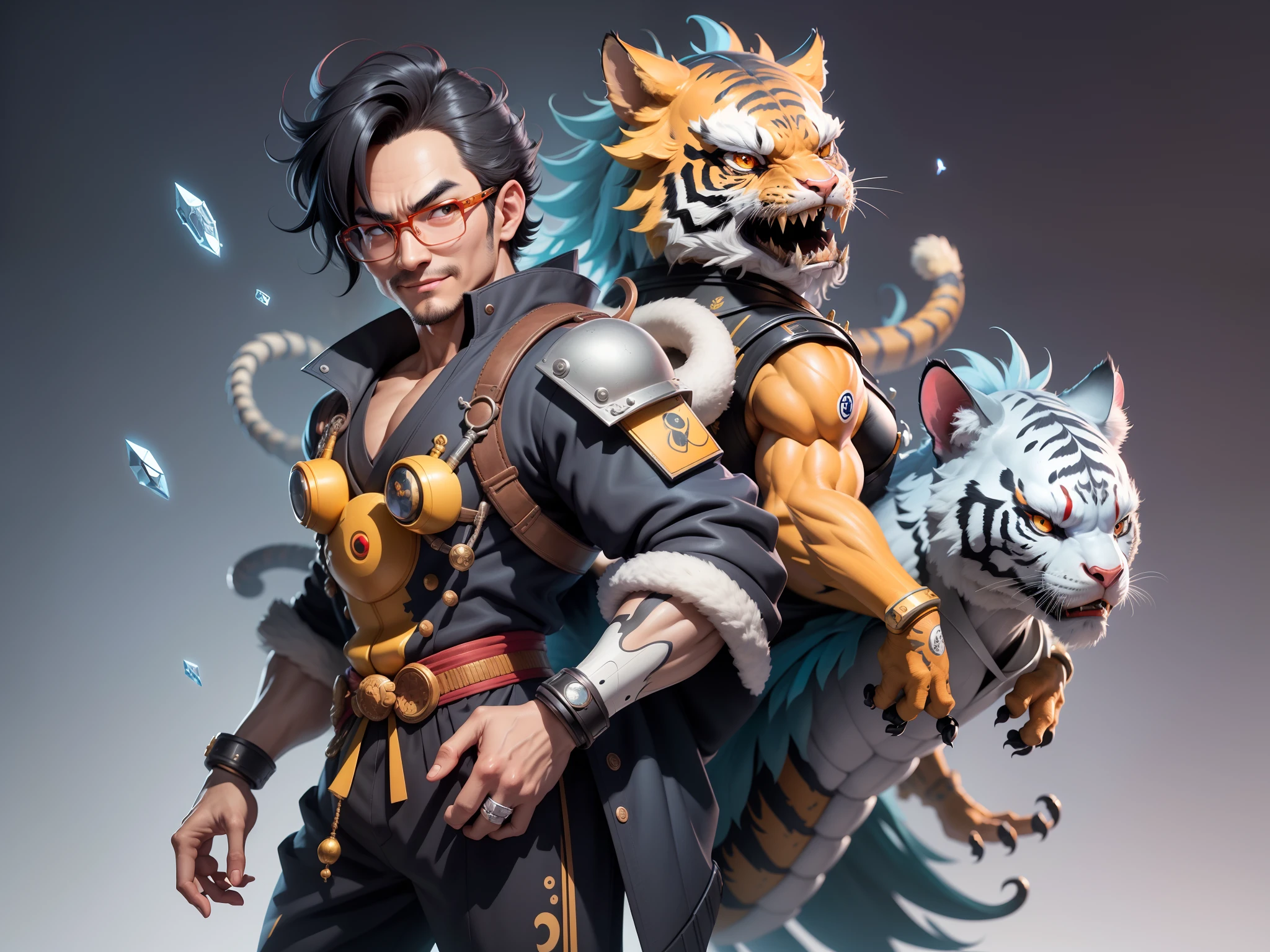 (Masterpiece), (Excellent), (Super Meticulous), (Full Body: 1.2), Super Young Man with Japanese Female Geisha, Pretty, Beautiful, Chinese Dragon, Tiger, Wind God Thor, Sexy, Bursting, Oriental Face, TV Anchor, Bust Portrait Illustration, Black Suit, Blue Tie, Slightly Chubby Face, Silver Glasses, Very Clean Face, No Beard on Chin, Black Super Short Hair, Black Eyes, Confident Smile, 3c Computer Sub-Products, iPad, iPhone, Digital Painting, 3D character design by Mark Clairedon and Pixar and Hayao Miyazaki and Akira Toriyama, the illustrations are HD illustrations in 4K resolution with highly detailed facial features and cartoon-style visuals.