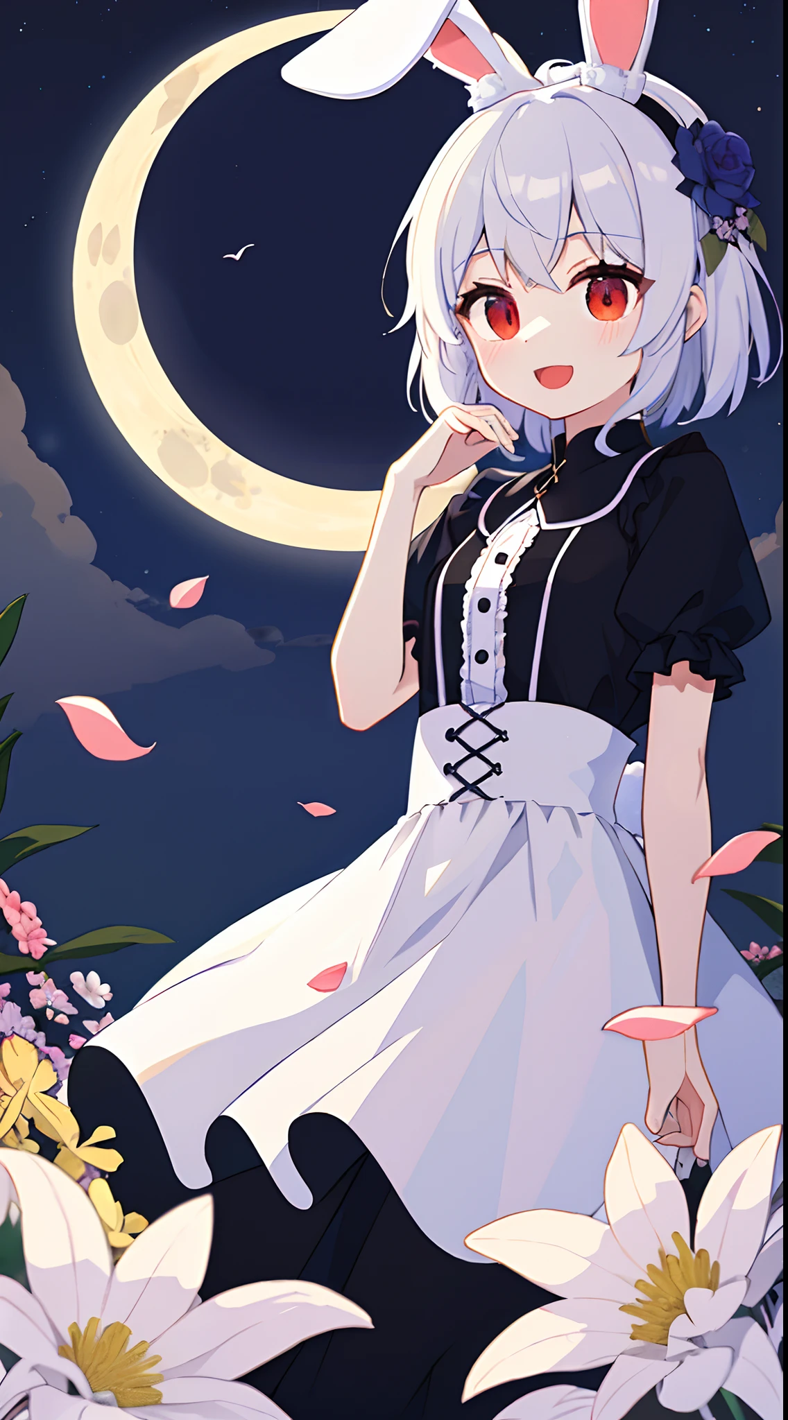 (masterpiece, best quality:1.2), illustration, absurdres, highres, extremely detailed, 1 petite girl, white short hair, rabbit ears, red eyes, eye highlights, dress, short puffy sleeves, frills, outdoors, flower, fluttering petals, upper body, (moon:1.2), night, depth of field, (:d:0.8),