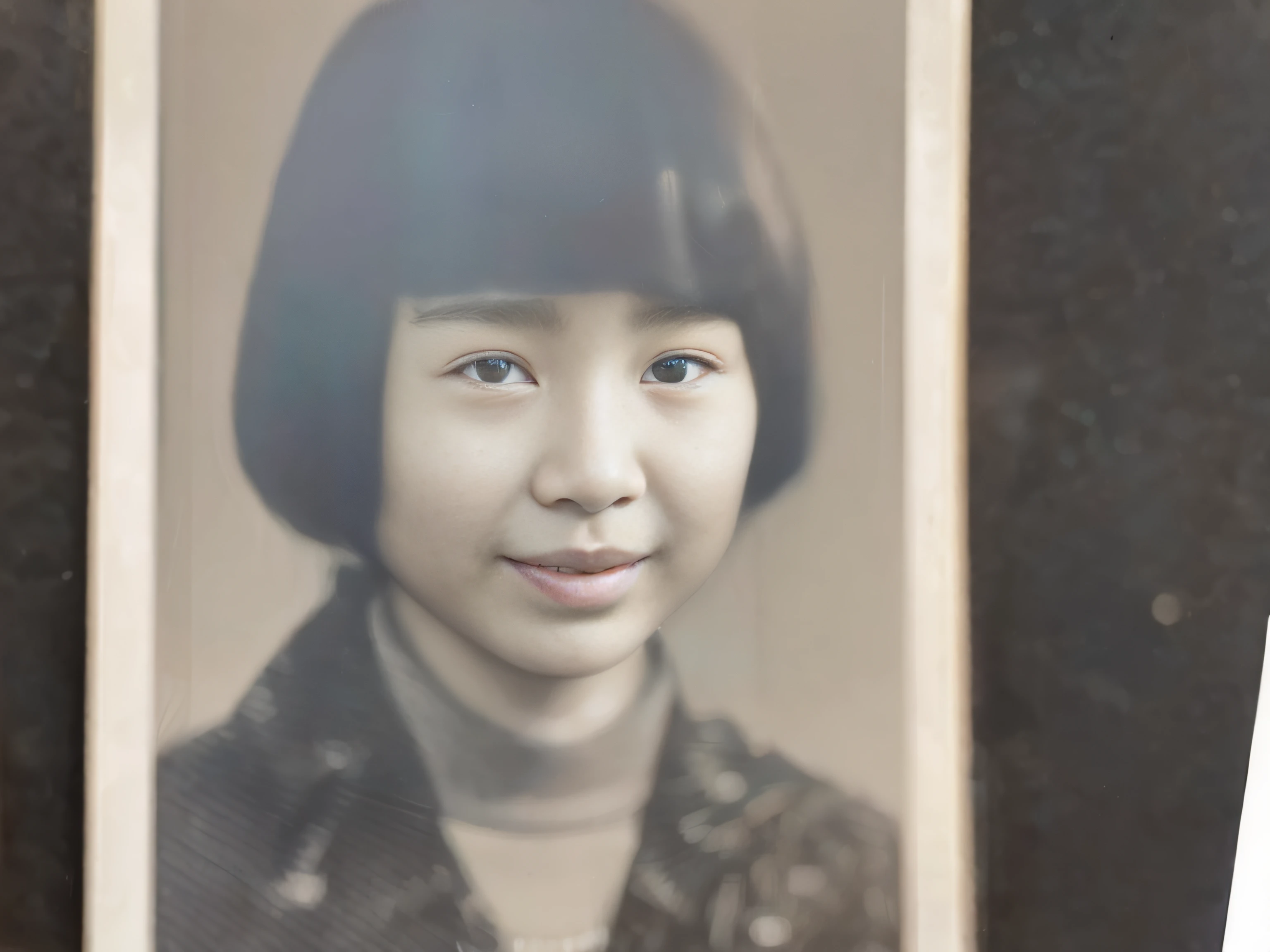 Photo of a little girl with black hair, old yearbook photo, realistic old photograph, Young Asian girl, Early 1974, Born in Nanjing in 1964,10years old, very old photo, grainy damaged photo