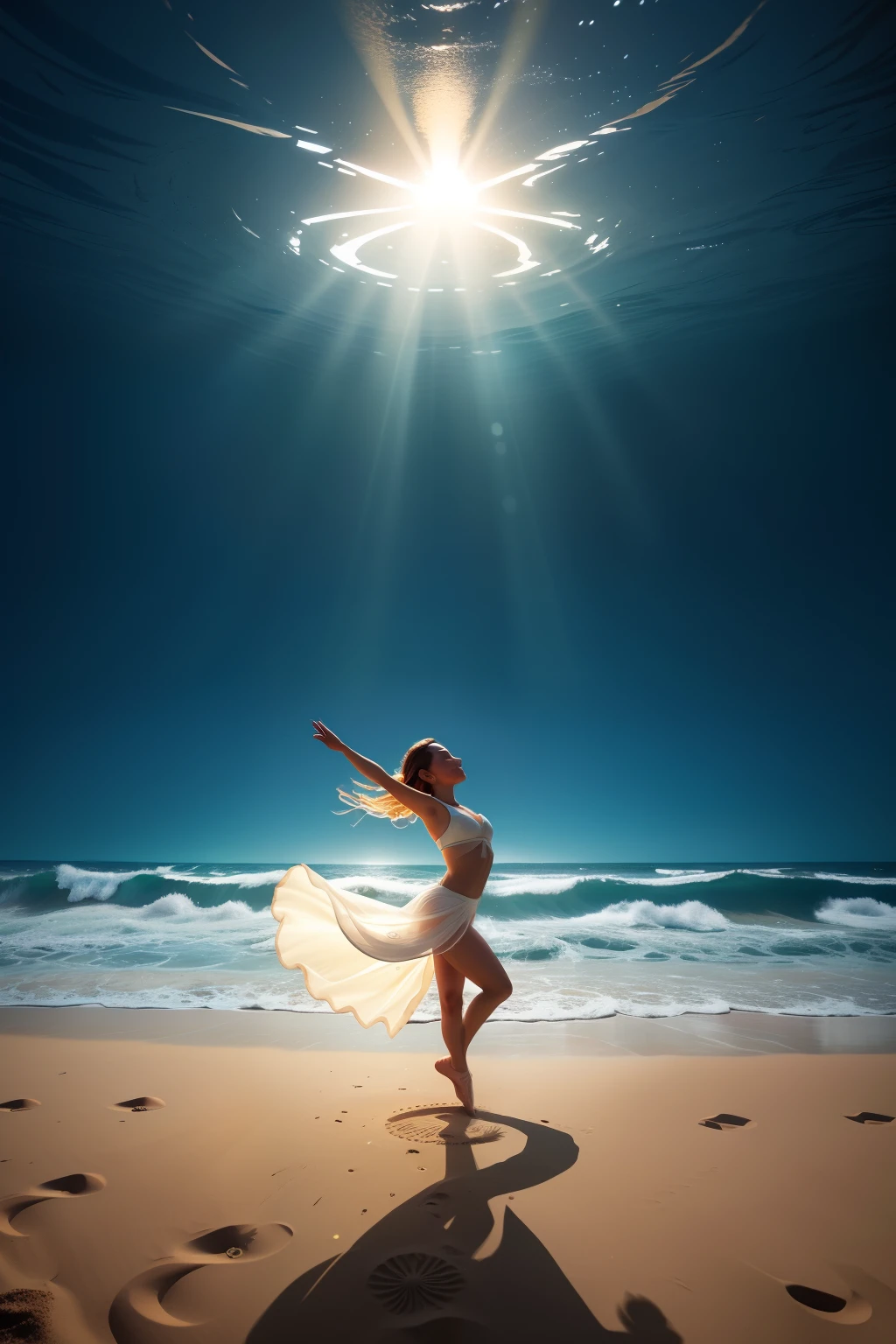 Bailarina de Ecos Luminiscentes:
On a sun-drenched beach, A dancer leaves radiant footprints that illuminate the arena. Con cada movimiento elegante, The echoes of music rise from the earth, orquestando una danza de luz y sonido. Spectators are mesmerized by the choreography of nature's harmony.