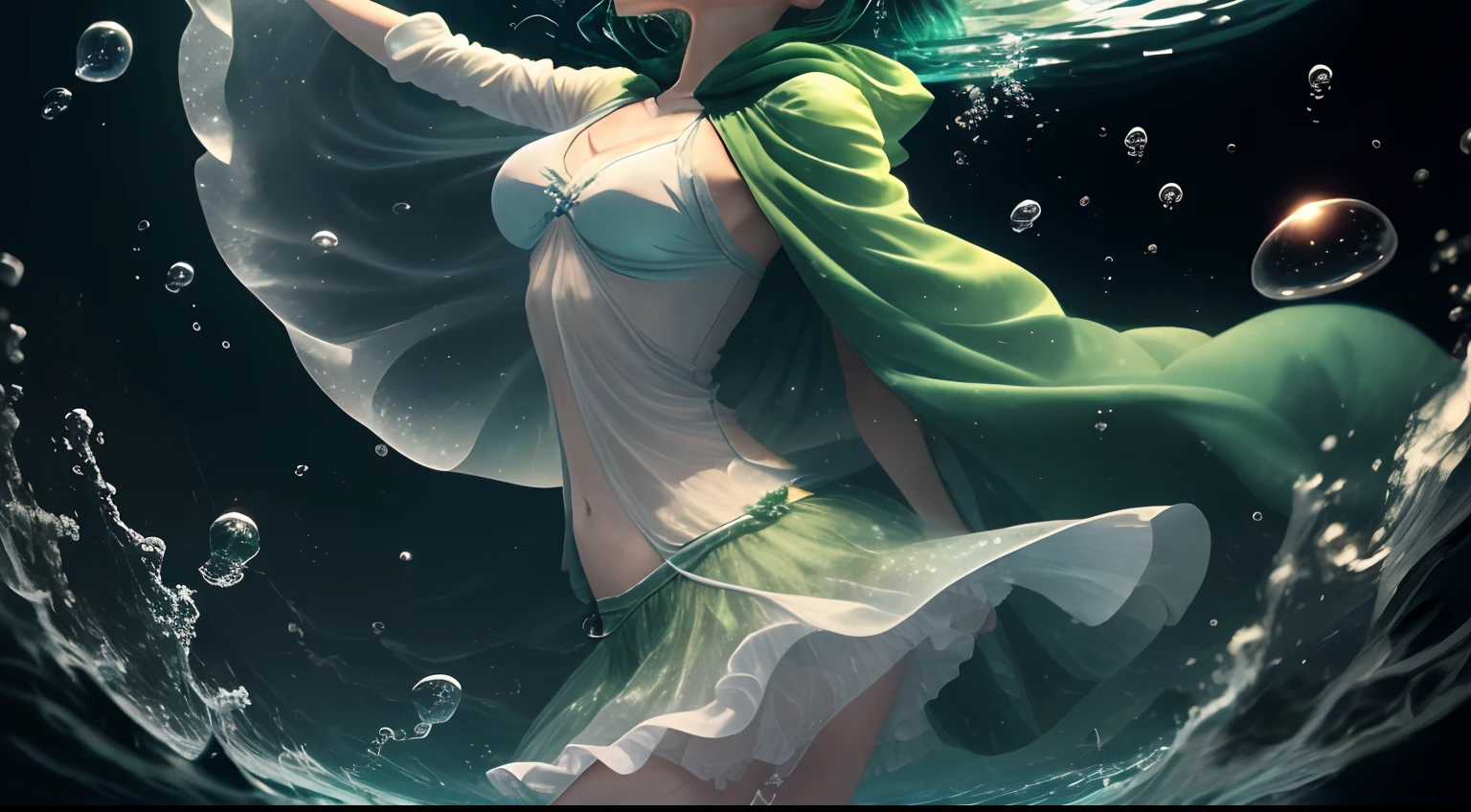 1Man Elves、Dancer's clothes、Glittery green clothes、Green cloak、White sheer skirt、Young Elves、Fluttering clothes、See-through,Implicit panty shots,translucent clothes、length hair、bright green hair、Prone、head down、sleepy、morpheus、I open my eyes、Open your eyes、suffer、See below、Open your eyelids wide、roundly eyes、Turn your face down、Weakening limbs、See below、Exhausted、uneasy、exhaustion、terroral、Tired、hopelessness、Rounding the body、Open your mouth wide、Exhale、put out the tongue、Bubble、tremble for、hard breathing、convulsions、Exhale through your mouth、Rounding the body、Stretch your limbs、Hands down、Freediving、Throwing out limbs、Jump into the water、abyssal、Lower both hands、Dive to the bottom of the ocean、Planktonic,Sinking to the bottom of the water、looking-down、opened mouth、pointing it downwards、leaning-forward、Forward leaning position、Rounded back、Upper body forward、Bending the body、Rounded lower body、legs open、Foot down、Open your crotch、Stretch your legs from side to side、Feet swam、arched hips、Legs opened、Shake your hips、profile、bblurry、Falling、Many bubbles、Intense foam、dynamic ungle