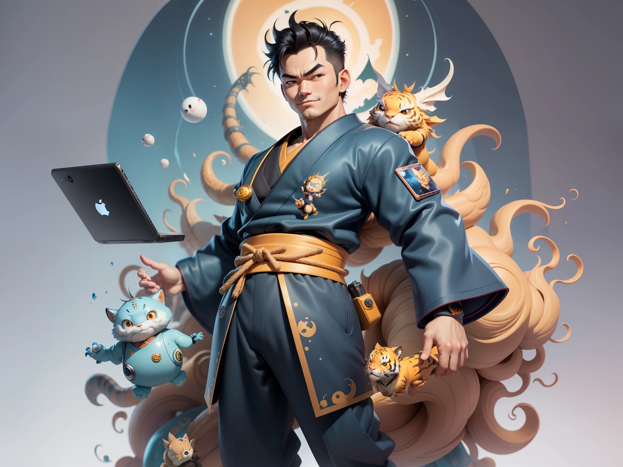 (Masterpiece), (Excellent), (Super Meticulous), (Full Body: 1.2), Super Young Man, Oriental Face, Japanese Kimono, Japanese Wind Thunder God, Dragon, Tiger, TV Anchor, Bust Portrait Illustration, Alone, Black Suit, Blue Tie, Slightly Chubby Face, Very Clean Face, No Beard, Black Super Short Hair, Black Eyes, Confident Smile, 3c Computer Sub-Products, iPad, iPhone, Digital Painting, 3D Character Design by Akira Toriyama and Mark Claireden and Pixar and Hayao Miyazaki, The illustration is a high-definition illustration in 4K resolution with very detailed facial features and cartoon-style visuals.