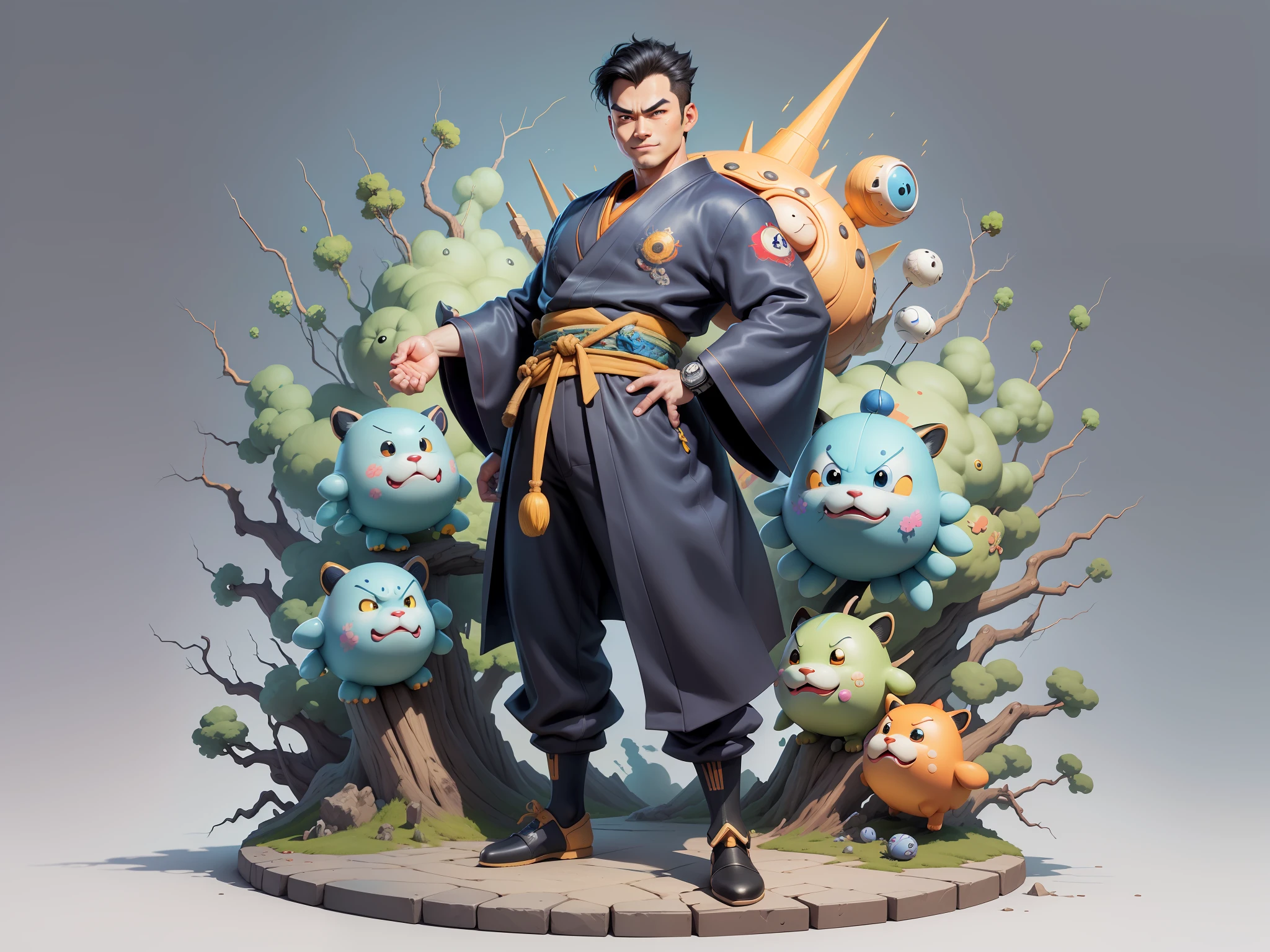 (Masterpiece), (Excellent), (Super Meticulous), (Full Body: 1.2), Super Young Man, Oriental Face, Japanese Kimono, Japanese Wind Thunder God, Dragon, Tiger, TV Anchor, Bust Portrait Illustration, Alone, Black Suit, Blue Tie, Slightly Chubby Face, Very Clean Face, No Beard, Black Super Short Hair, Black Eyes, Confident Smile, 3c Computer Sub-Products, iPad, iPhone, Digital Painting, 3D Character Design by Akira Toriyama and Mark Claireden and Pixar and Hayao Miyazaki, The illustration is a high-definition illustration in 4K resolution with very detailed facial features and cartoon-style visuals.