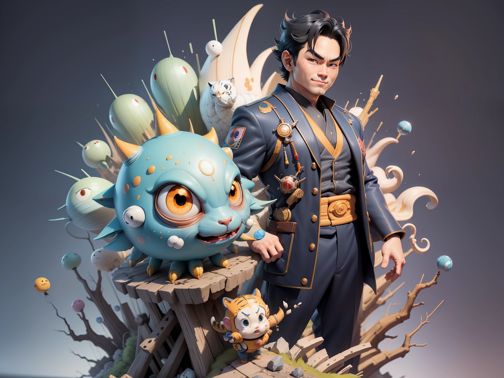 (Masterpiece), (Excellent), (Super Meticulous), (Full Body: 1.2), Super Young Man, Oriental Face, Japanese Kimono, Japanese Wind Thunder God, Dragon, Tiger, TV Anchor, Bust Portrait Illustration, Alone, Black Suit, Blue Tie, Slightly Chubby Face, Very Clean Face, No Beard, Black Super Short Hair, Black Eyes, Confident Smile, 3c Computer Sub-Products, iPad, iPhone, Digital Painting, 3D Character Design by Akira Toriyama and Mark Claireden and Pixar and Hayao Miyazaki, The illustration is a high-definition illustration in 4K resolution with very detailed facial features and cartoon-style visuals.
