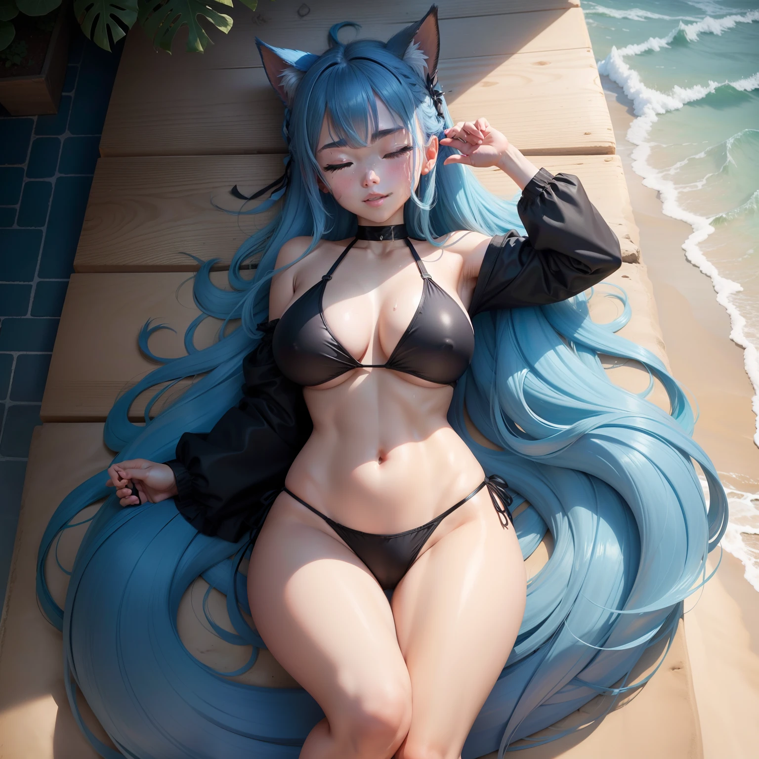 high-level image quality、masterpiece、Raw photography、8K、detaileds、1 persons、独奏、 woman、Only one person on screen、Uma Musume(Godolphin Valve)、Blue-haired、Cobalt blue hair color、Parting hair in the middle、Forehead visible、bare forehead、Curled Hair、Straight long hair、very, Very long hair、Straight hair、Hair ornament on right head、very long pointed horse ears,,,,,,,,,,,,,,,,,,,,,,,,,,,,,,,,,,、Full body like、Eyes closed、Both eyes are closed、Blind、Thin eyebrows、Calm eyes、Soft eyes、Gentle、huge smile、Fluffy smile、Black top and bottom bikini swimsuit、swimsuit shiny、Black swimsuit、Super high hardness、Colossal tits、Nipple stand、nursing、Pichi Pichi swimsuit、full of sweat、perspiring、Dripping sweat、The gaze is watching the viewing、up of face、Lying on the beach、M-shaped legs、outside of house、coastline、the beach、Daytime、Red cheeks、