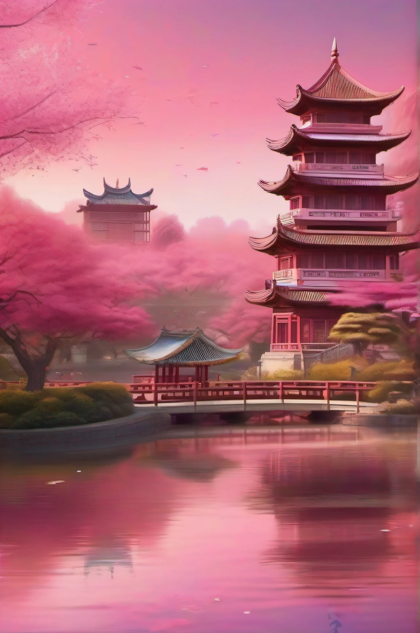 a poster,There is a gazebo in the middle, pink zen style, pink landscape, The national style is super fine, digital painting of a pagoda, Beautiful rendering of the Tang Dynasty, pink pastels, A pink forest in the distance, heaven pink, Chinese architecture
