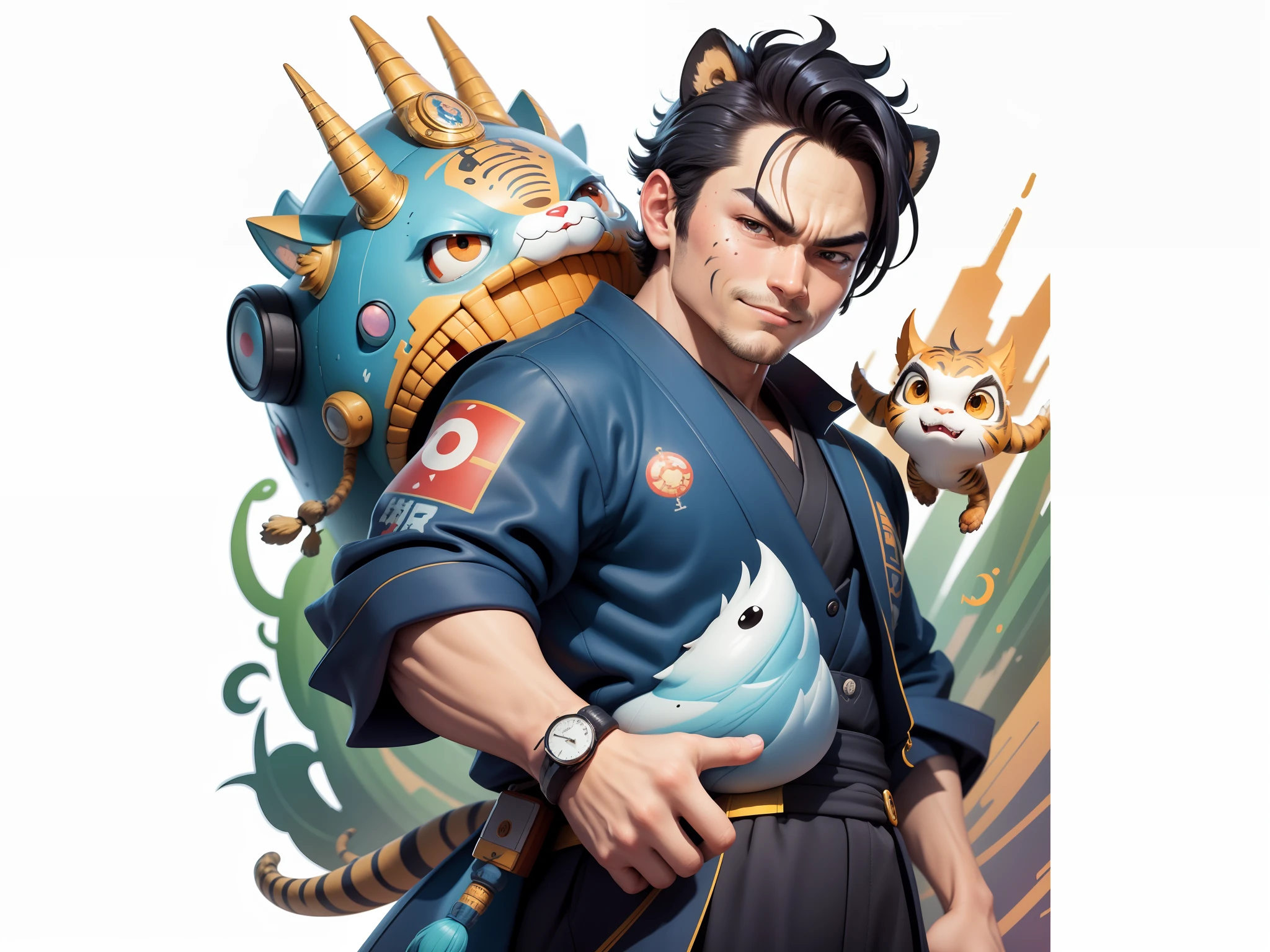 (Masterpiece), (Excellent), (Super Meticulous), (Full Body: 1.2), Super Young Man, Oriental Face, Japanese Kimono, Japanese Wind Thunder God, Dragon, Tiger, TV Anchor, Bust Portrait Illustration, Alone, Black Suit, Blue Tie, Slightly Chubby Face, Very Clean Face, No Beard, Black Super Short Hair, Black Eyes, Confident Smile, 3c Computer Sub-Products, iPad, iPhone, Digital Painting, 3D Character Design by Akira Toriyama and Mark Claireden and Pixar and Hayao Miyazaki, The illustration is a high-definition illustration in 4K resolution with very detailed facial features and cartoon-style visuals.