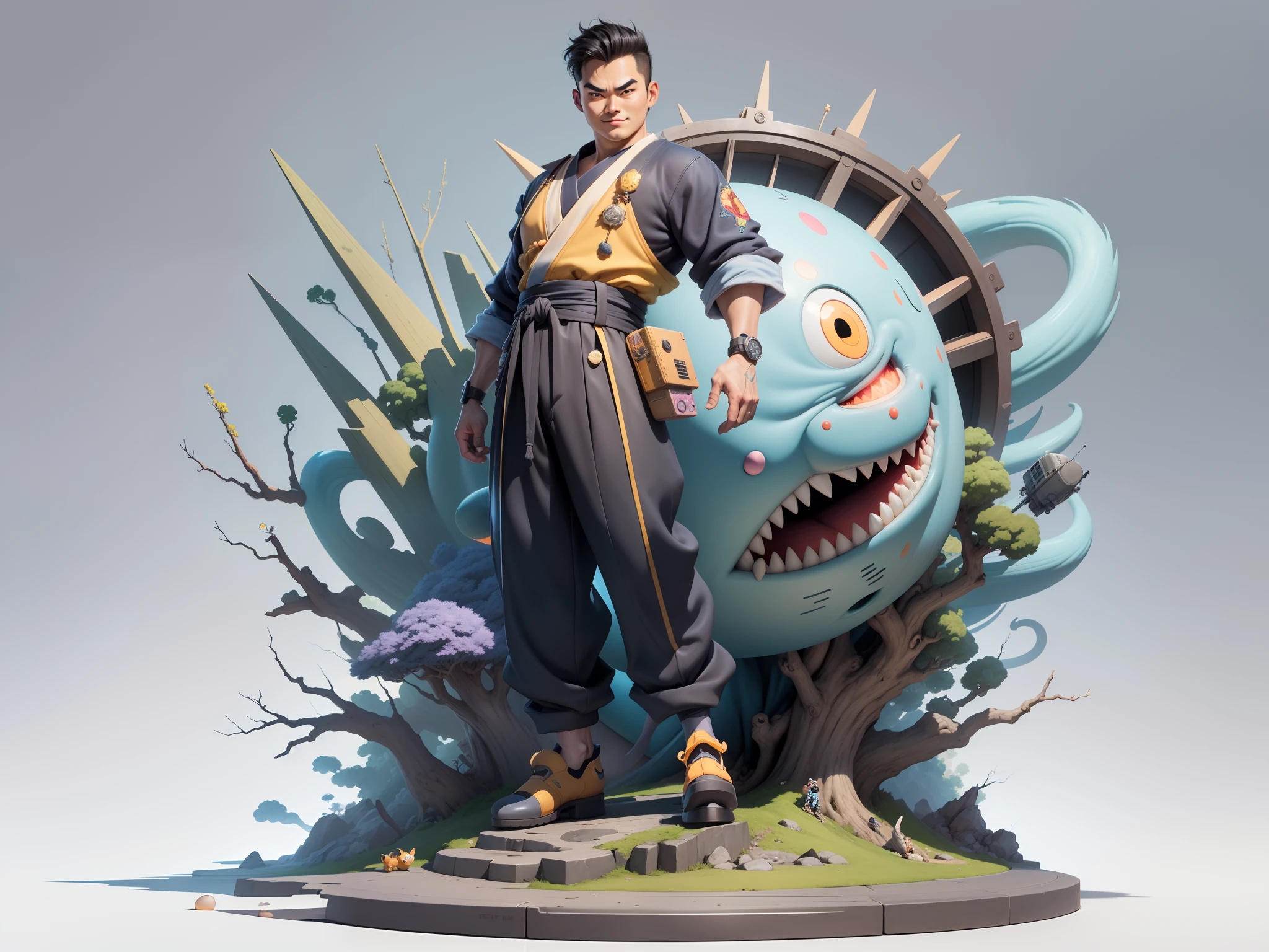 (Masterpiece), (Excellent), (Super Meticulous), (Full Body: 1.2), Super Young Man, Oriental Face, Japanese Kimono, Japanese Wind Thunder God, Dragon, Tiger, TV Anchor, Bust Portrait Illustration, Alone, Black Suit, Blue Tie, Slightly Chubby Face, Very Clean Face, No Beard, Black Super Short Hair, Black Eyes, Confident Smile, 3c Computer Sub-Products, iPad, iPhone, Digital Painting, 3D Character Design by Akira Toriyama and Mark Claireden and Pixar and Hayao Miyazaki, The illustration is a high-definition illustration in 4K resolution with very detailed facial features and cartoon-style visuals.