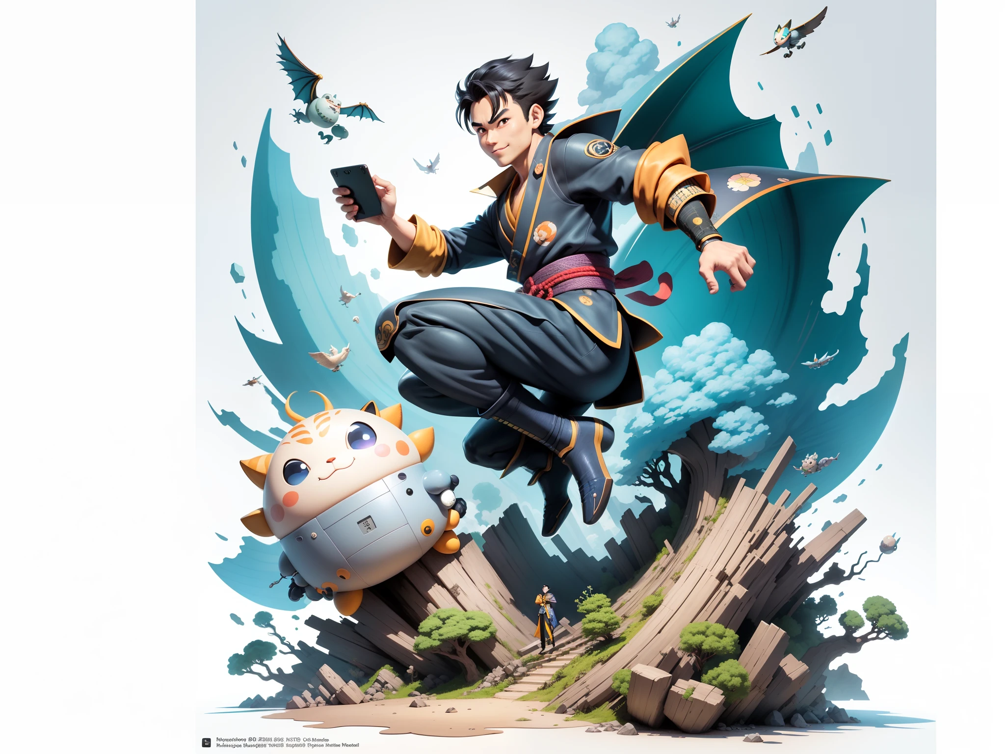 (Masterpiece), (Excellent), (Super Meticulous), (Full Body: 1.2), Super Young Man, Oriental Face, Japanese Kimono, Japanese Wind Thunder God, Dragon, Tiger, TV Anchor, Bust Portrait Illustration, Alone, Black Suit, Blue Tie, Slightly Chubby Face, Very Clean Face, No Beard, Black Super Short Hair, Black Eyes, Confident Smile, 3c Computer Sub-Products, iPad, iPhone, Digital Painting, 3D Character Design by Akira Toriyama and Mark Claireden and Pixar and Hayao Miyazaki, The illustration is a high-definition illustration in 4K resolution with very detailed facial features and cartoon-style visuals.