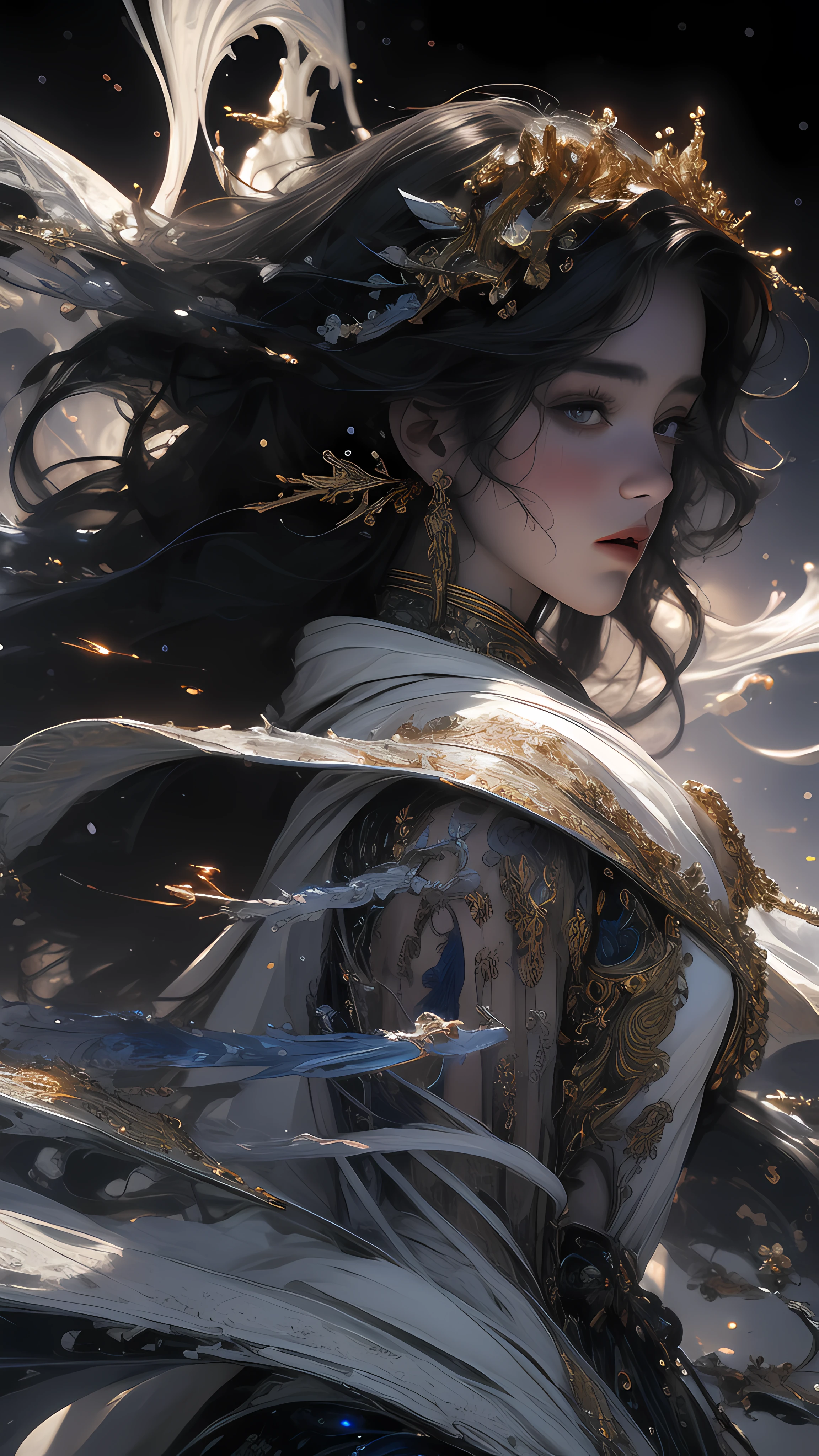 (masterpiece, top quality, best quality, official art, beautiful and aesthetic:1.2), (1girl), extreme detailed, (fractal art:1.3), colorful, highest detailed, perfect face, upper body, HDR, (praying:1.3), (white cloak golden lines:1.2), galaxy, (light streaks), striking visuals, (dynamic streaks, luminous trails:1.2), vibrant colors,