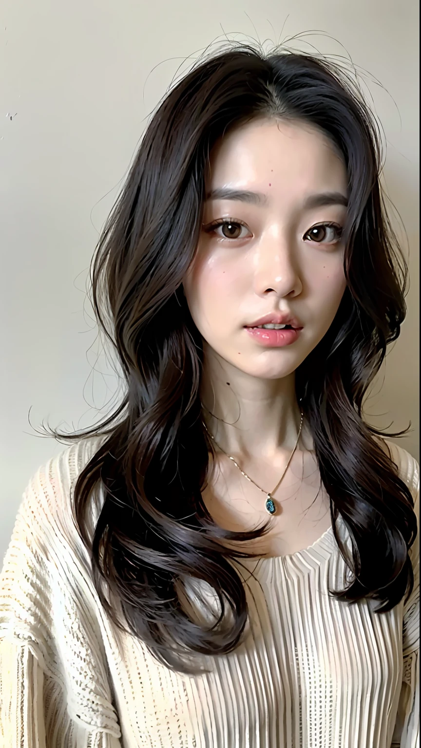 (Best quality, 8k, 32k, masterpiece, UHD: 1.2), photo beautiful japanese woman, room, long hair, upper body, facial focus, oversized_sweater, necklace, simple background, from above, looking at the viewer,