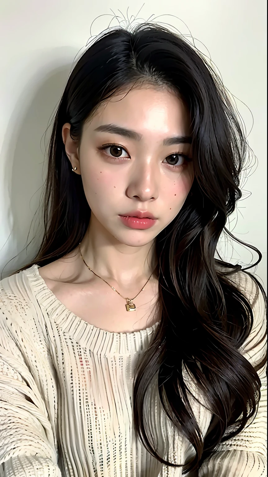 (Best quality, 8k, 32k, masterpiece, UHD: 1.2), photo beautiful japanese woman, room, long hair, upper body, facial focus, oversized_sweater, necklace, simple background, from above, looking at the viewer,