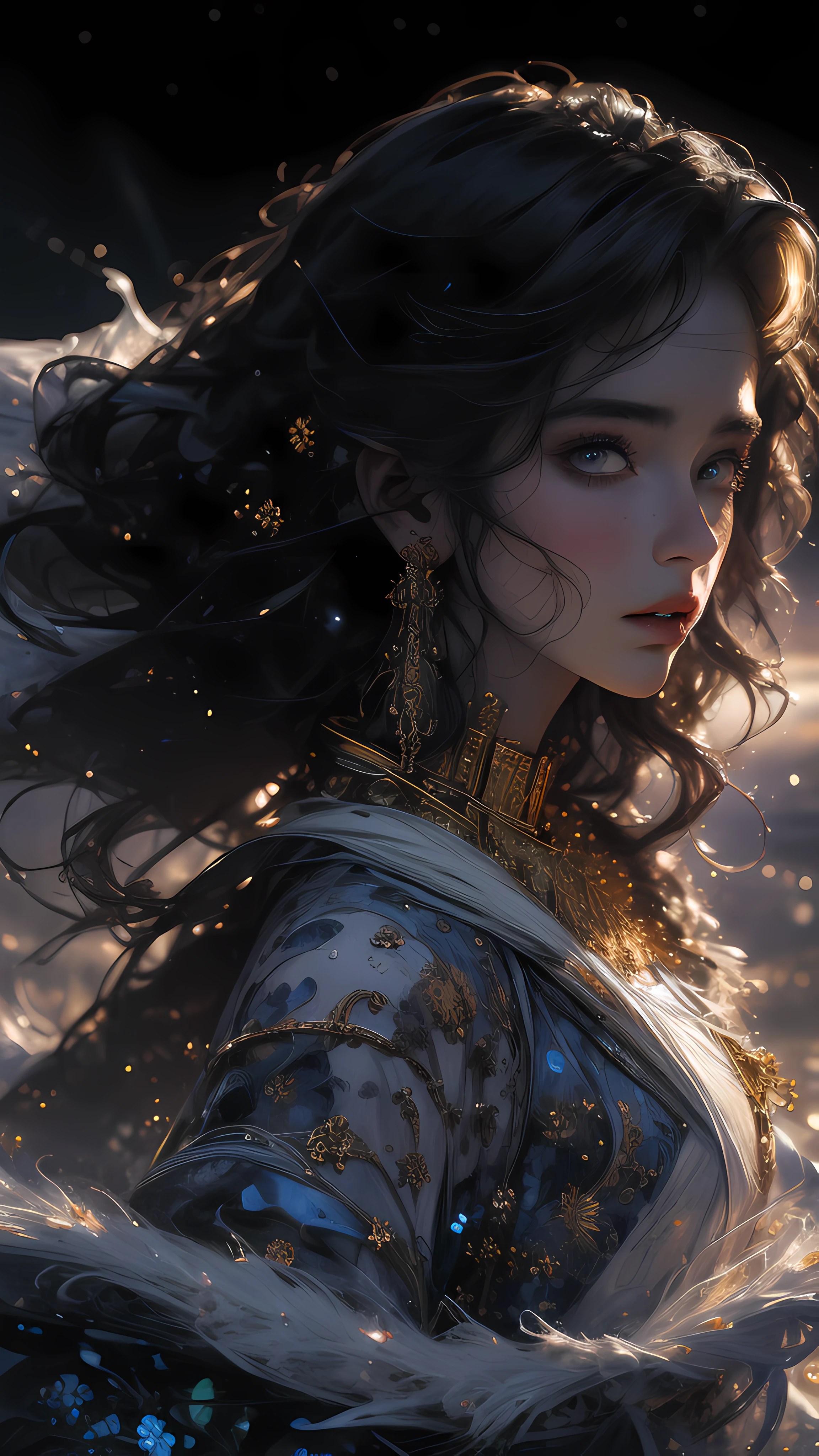 (masterpiece, top quality, best quality, official art, beautiful and aesthetic:1.2), (1girl), extreme detailed, (fractal art:1.3), colorful, highest detailed, perfect face, upper body, HDR, (praying:1.3), (white cloak golden lines:1.2), galaxy, (light streaks), striking visuals, (dynamic streaks, luminous trails:1.2), vibrant colors,