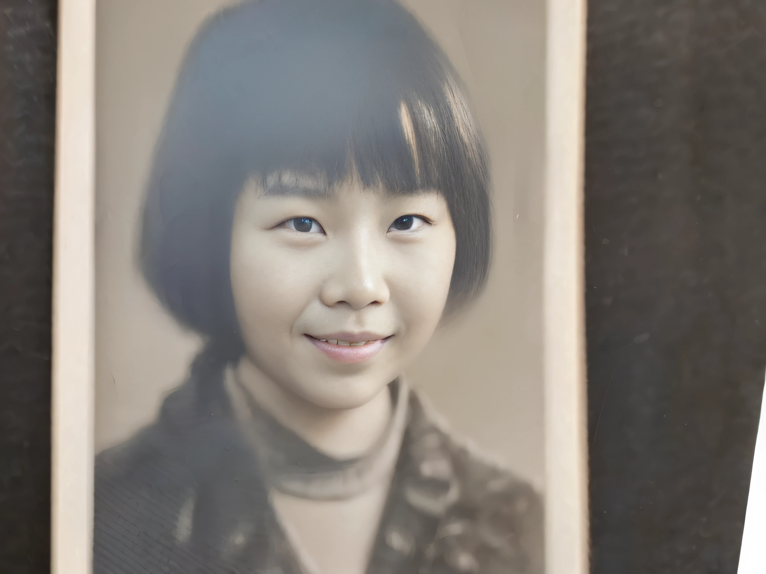 Photo of a little girl with black hair, old yearbook photo, realistic old photograph, Young Asian girl, Early 1974, Born in Nanjing in 1964,10years old, very old photo, grainy damaged photo