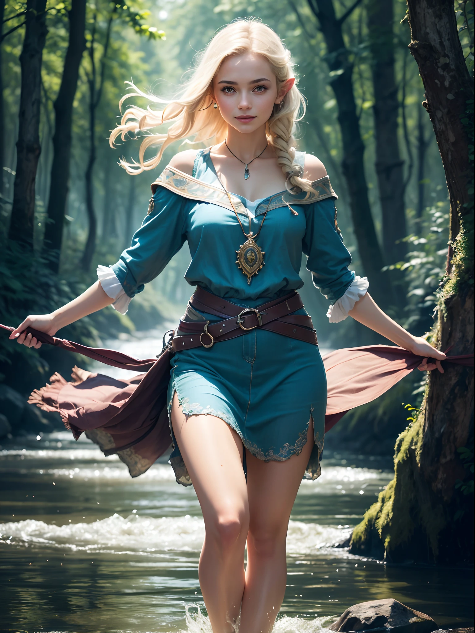 ((Masterpiece)), (high resolution:1.4), (standing:1.4), (dynamic pose:1.2), (on a river:1.2), blue tunic, beautifull elf woman, blonde hair, blue water eyes, pale skin, in the middle of the forest, at night, invoking, magic throught her hands, LightningMagicAI,  beautifull smile, beautiful face, highly detailed skin, skin pores,(highly detailed face:1.1), (highly detailed eyes:1.1), realistic pupils, full face blush, full lips, (perfect anatomy:1.1), (perfect proportions:1.1), (photography:1.1), (photorealistic:1.1), volumetric lighting, dynamic lighting, real shadows, (highres:1.1), sharp focus, rembrandt lighting, (realistic, hyperrealistic:1.4), intricate, high detail, dramatic, subsurface scattering, big depth of field, vivid, polished, sharpened, ((full Sharp)), (extremely absurdres),16k hdr,