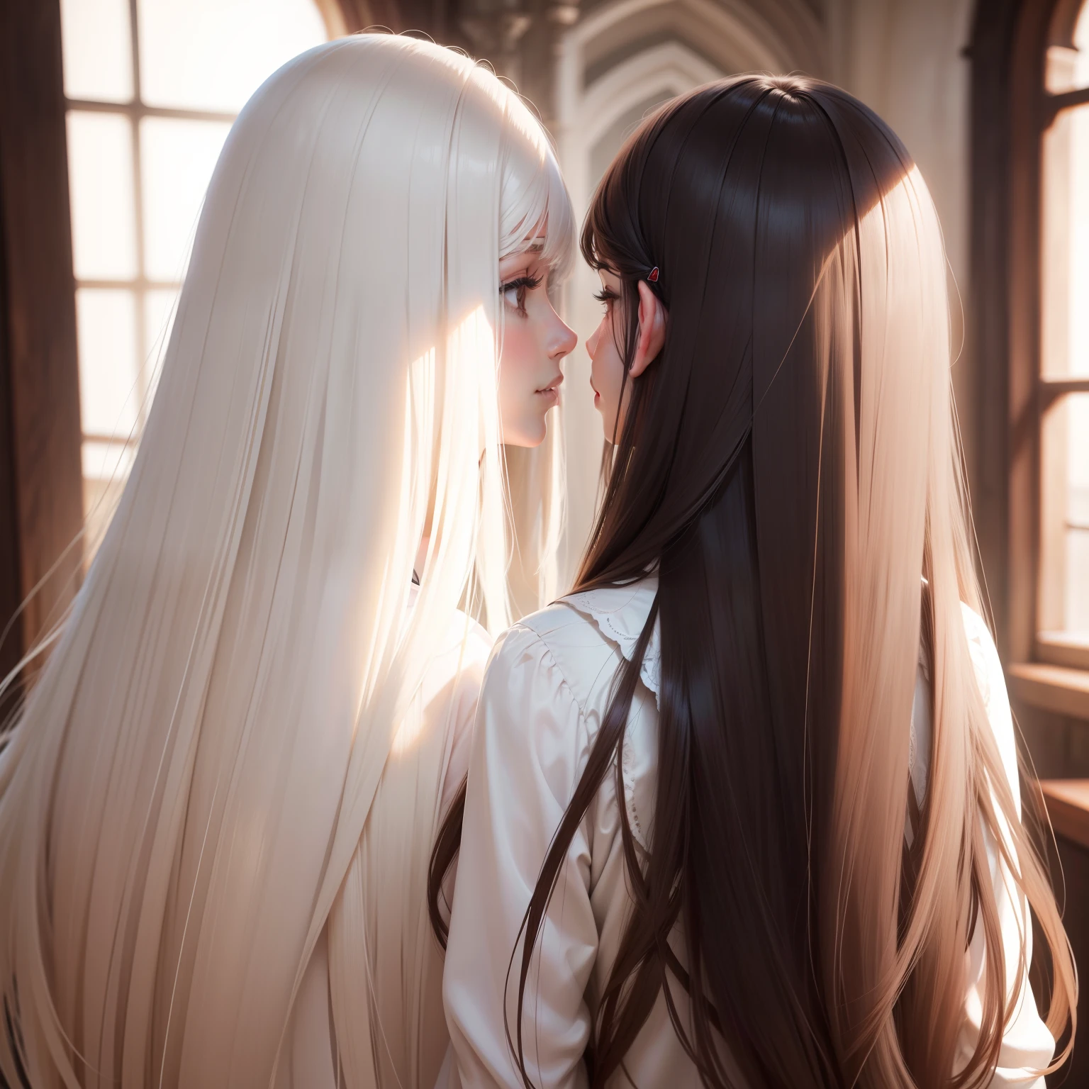 long whitr hair,brunette color hair,femele,nakeness