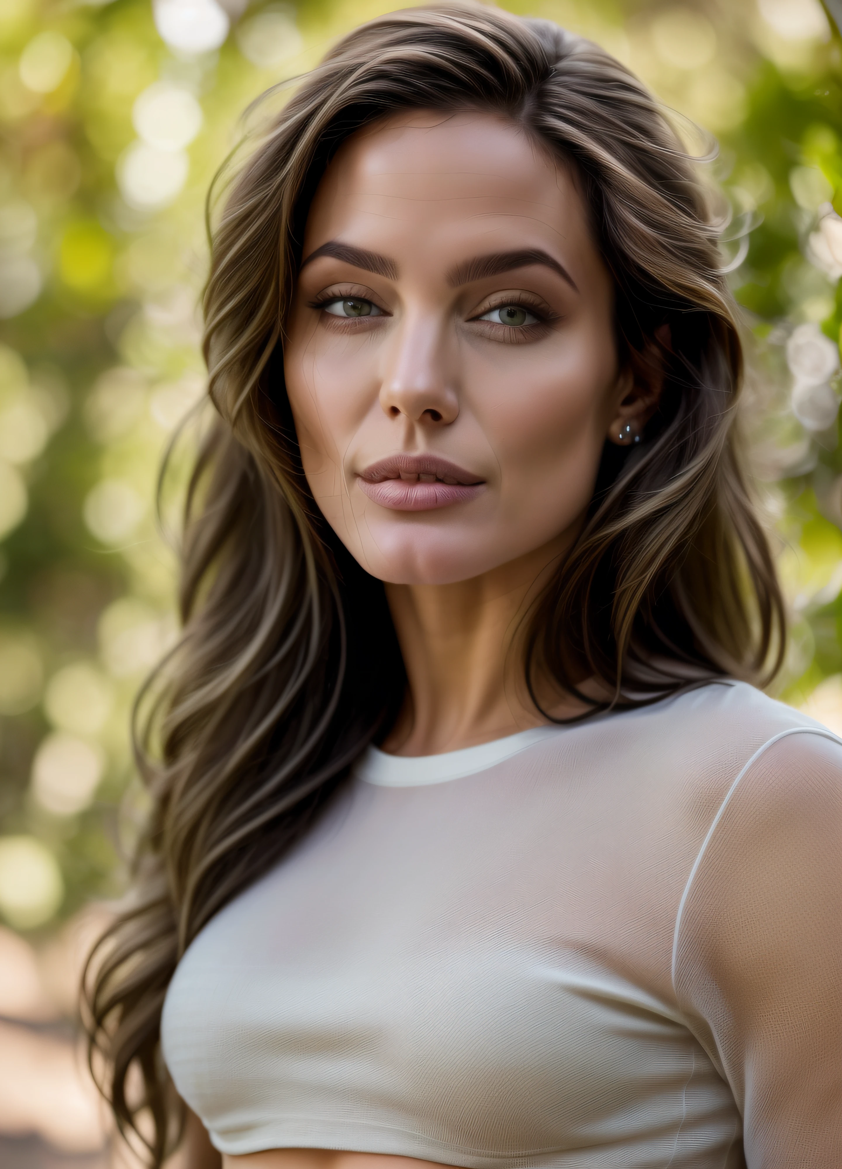 Retrato de uma bela modelo feminina, lindo rosto, com cabelo curto castanho claro, olhos claros, wearing a transparent lace bra, jeans escuro, corpo musculoso trincado, abdome aparente, paisagem urbana
