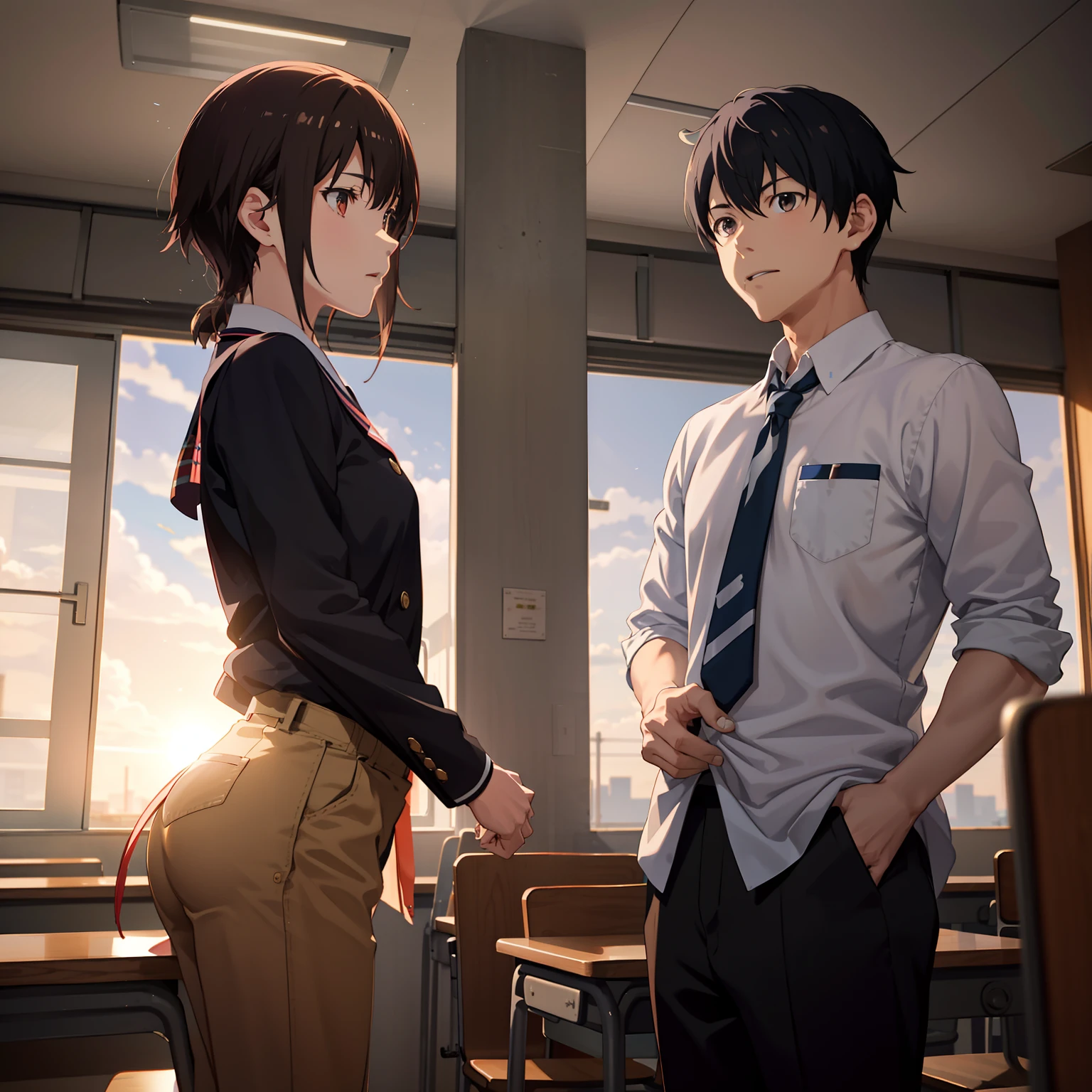 Anime characters in classrooms with windows and tables, still from live action movie, anime big breast. Soft lighting, japanese live action movie, live-action movie scenes, cinematic morning light, sakimichan and makoto shinkai, Fiona Staples e Makoto Shinkai, Kimi no Nava, Ross Tran e Makoto Shinkai, morning lighting,Two boys,Look at each other affectionately