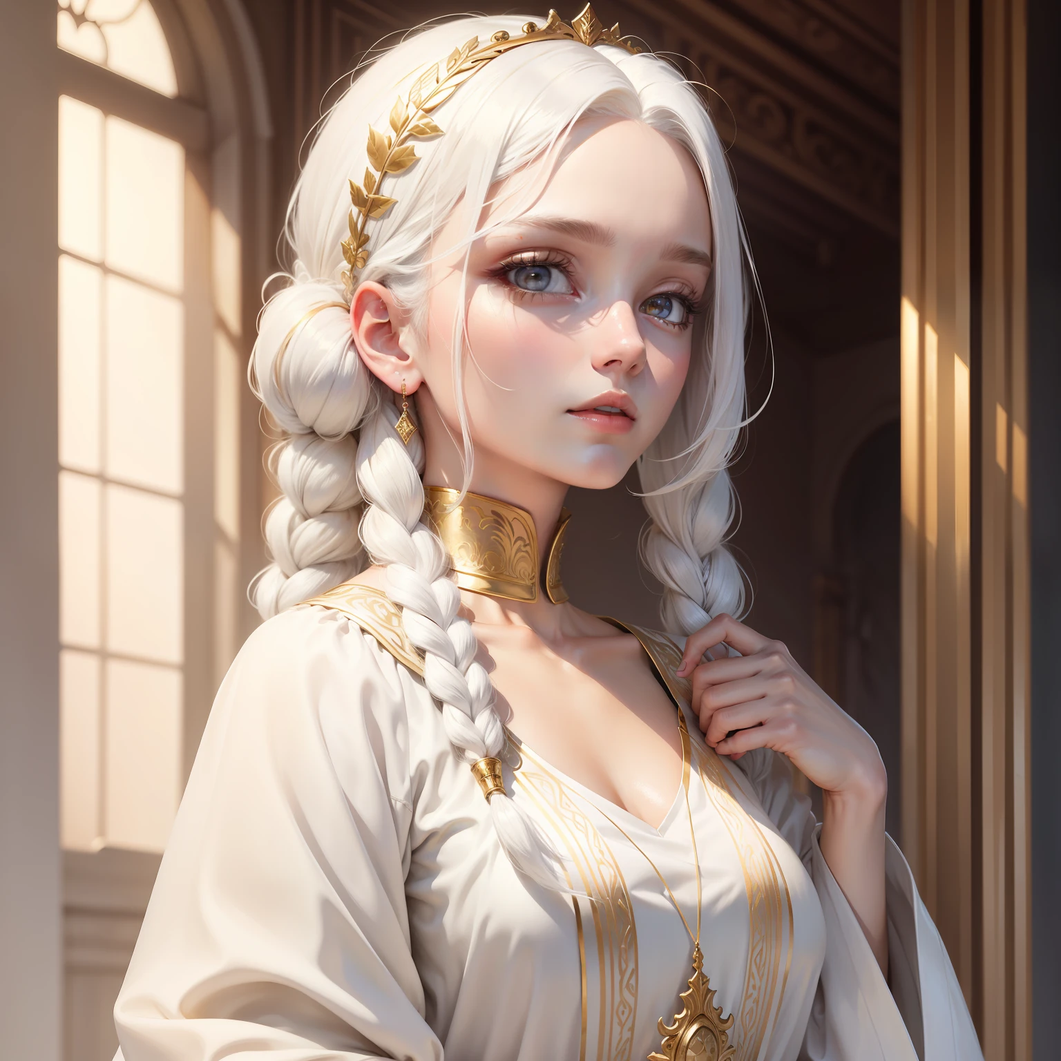 best quality, masterpiece,white hair, gold eyes,white clothes, looking up, upper body,hair strand,Fair skin,side braids