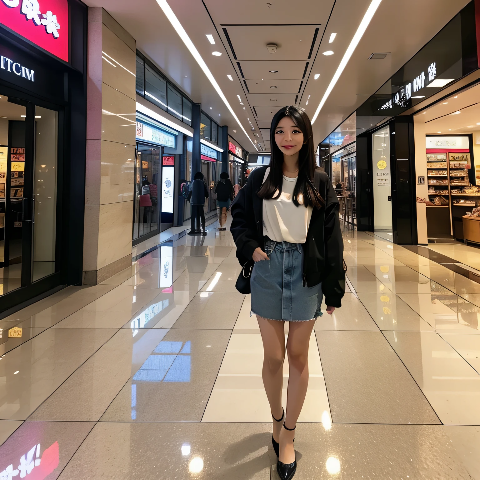 an asian girl standing in a shopping mall