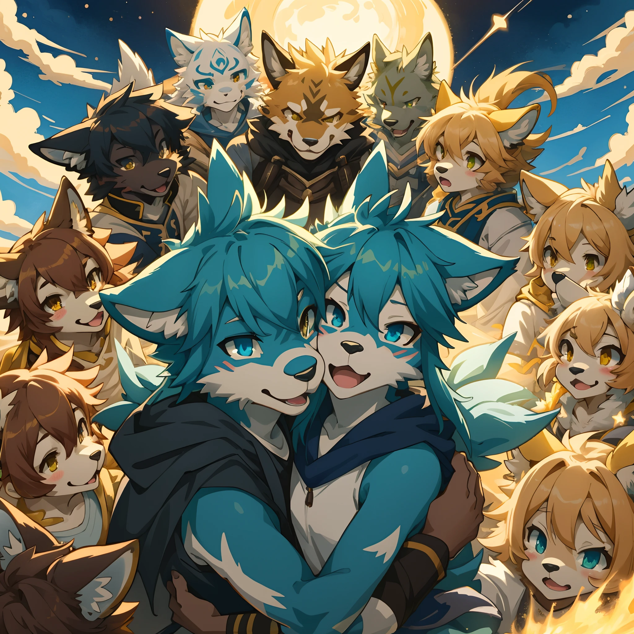 top quality, best quality, High-quality illustrations, masterpiece, super high resolution, detailed background, kosmos, Boys and girls embracing celestial bodies, 6+boys, 6+girls, absurdres(highly detailed beautiful face and eyes)perfect anatomy, expression, good lighting, cinematic shadow(kemono, furry anthro)assorted poses, dynamic angle,