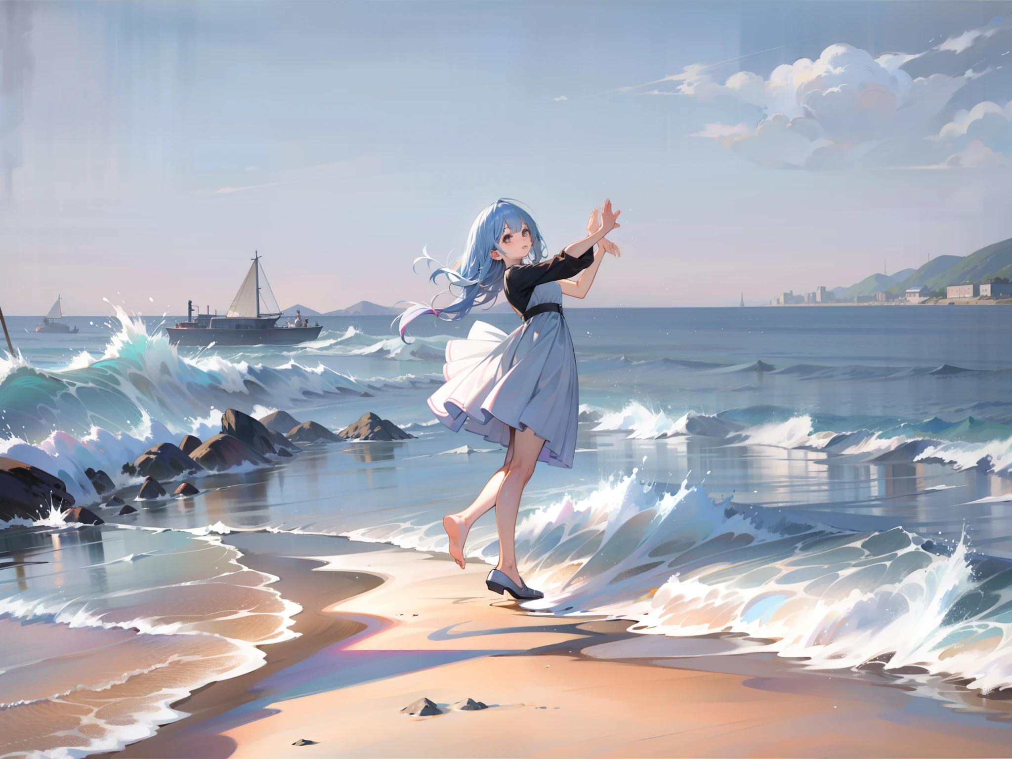 A young girl dancing on a beach by the sea