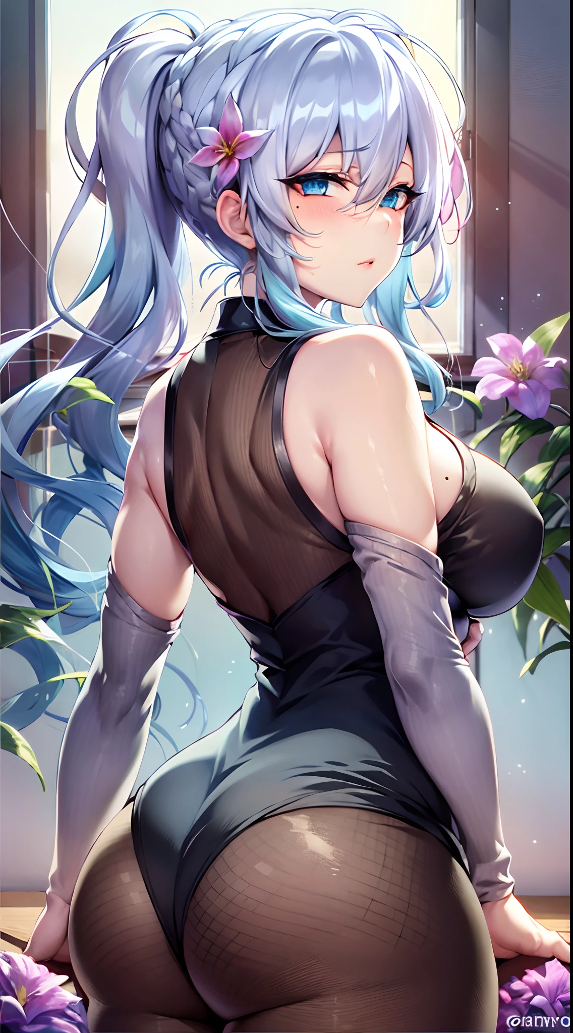 masterpiece, ultra-detailed hair, better lights, better shadows,1girl, yukino, breasts, skirt, silver hair, solo, long hair, large breasts, blue eyes, braid, ass, looking at viewer, braided ponytail, hair ornament, sleeveless, hair flower, black skirt, shirt, indoors, flower, looking back, bangs, bare shoulders, pencil skirt, from behind, window, thighs, mole under eye, sleeveless shirt, pink shirt, blush, bare arms, office lady, very long hair, plant, contemporary, parted lips, miniskirt, single braid, closed mouth, purple flower, pantyhose, ribbed shirt,