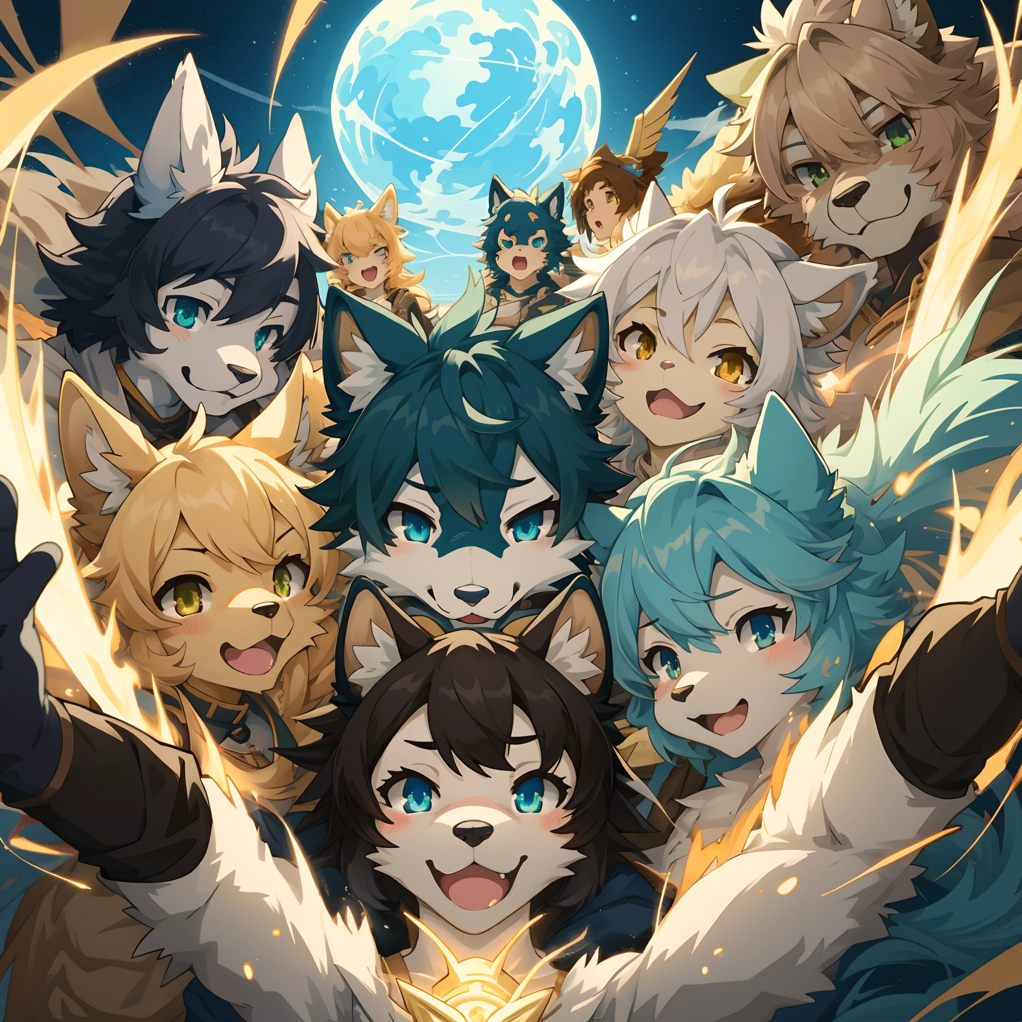 top quality, best quality, High-quality illustrations, masterpiece, super high resolution, detailed background, kosmos, Boys and girls embracing celestial bodies, 6+boys, 6+girls, absurdres(highly detailed beautiful face and eyes)perfect anatomy, expression, good lighting, cinematic shadow(kemono, furry anthro)assorted poses, dynamic angle,