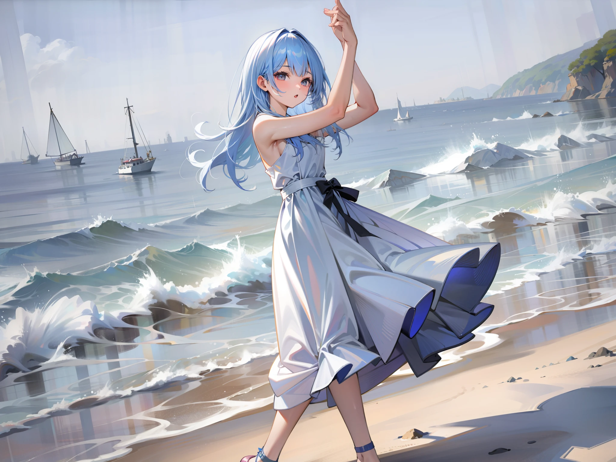 A young girl dancing on a beach by the sea